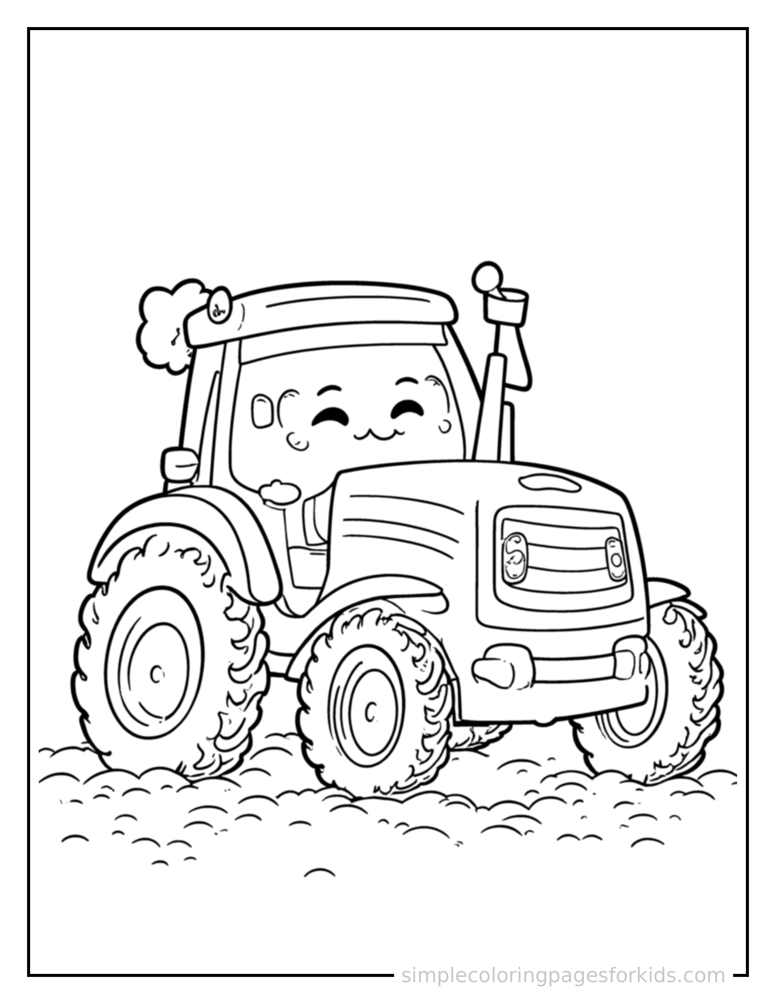 Free printable tractor coloring page featuring a cute tractor parked and resting with a sleepy happy expression, one headlight winking.