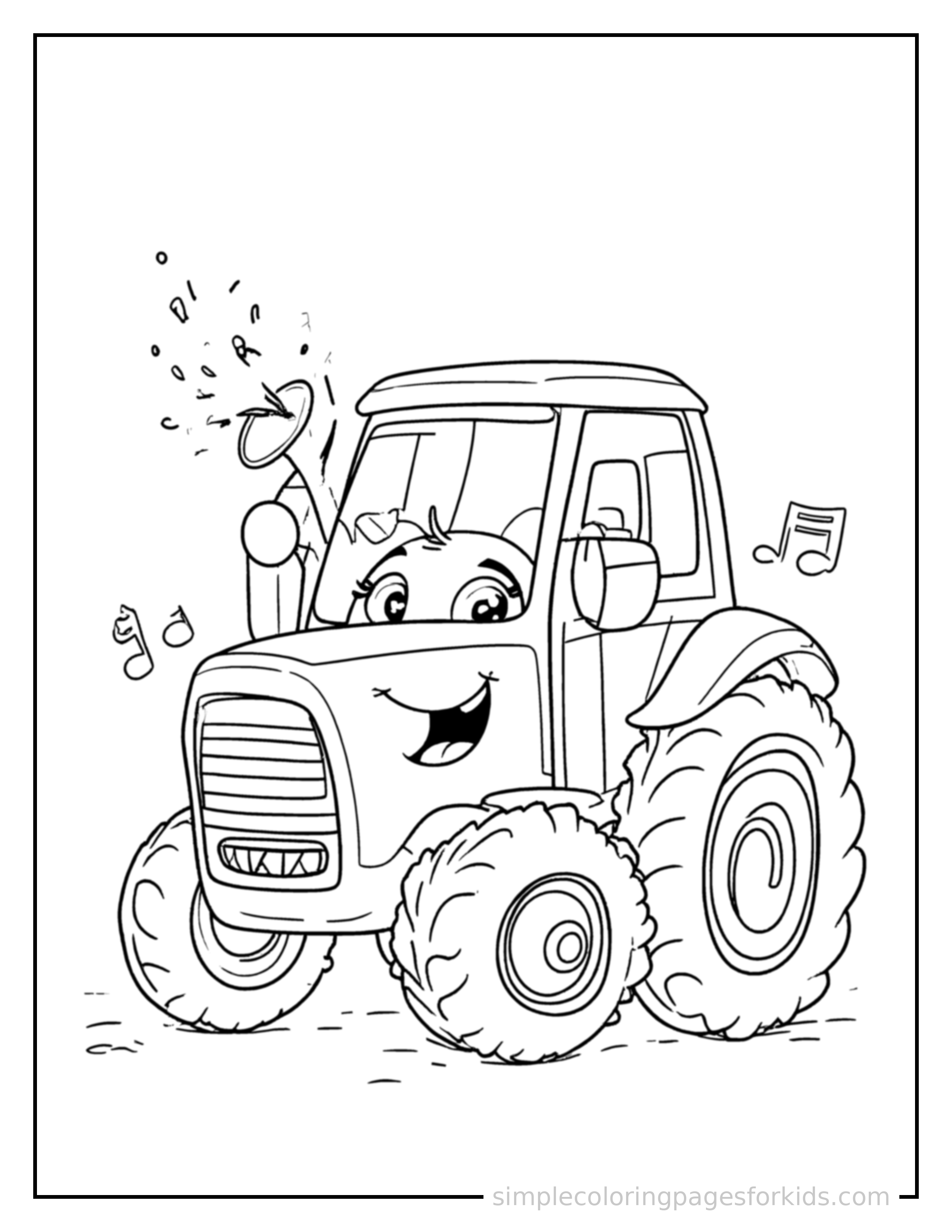 Free printable tractor coloring page featuring a cute tractor honking its horn with an excited open-mouth grin, small musical notes nearby.