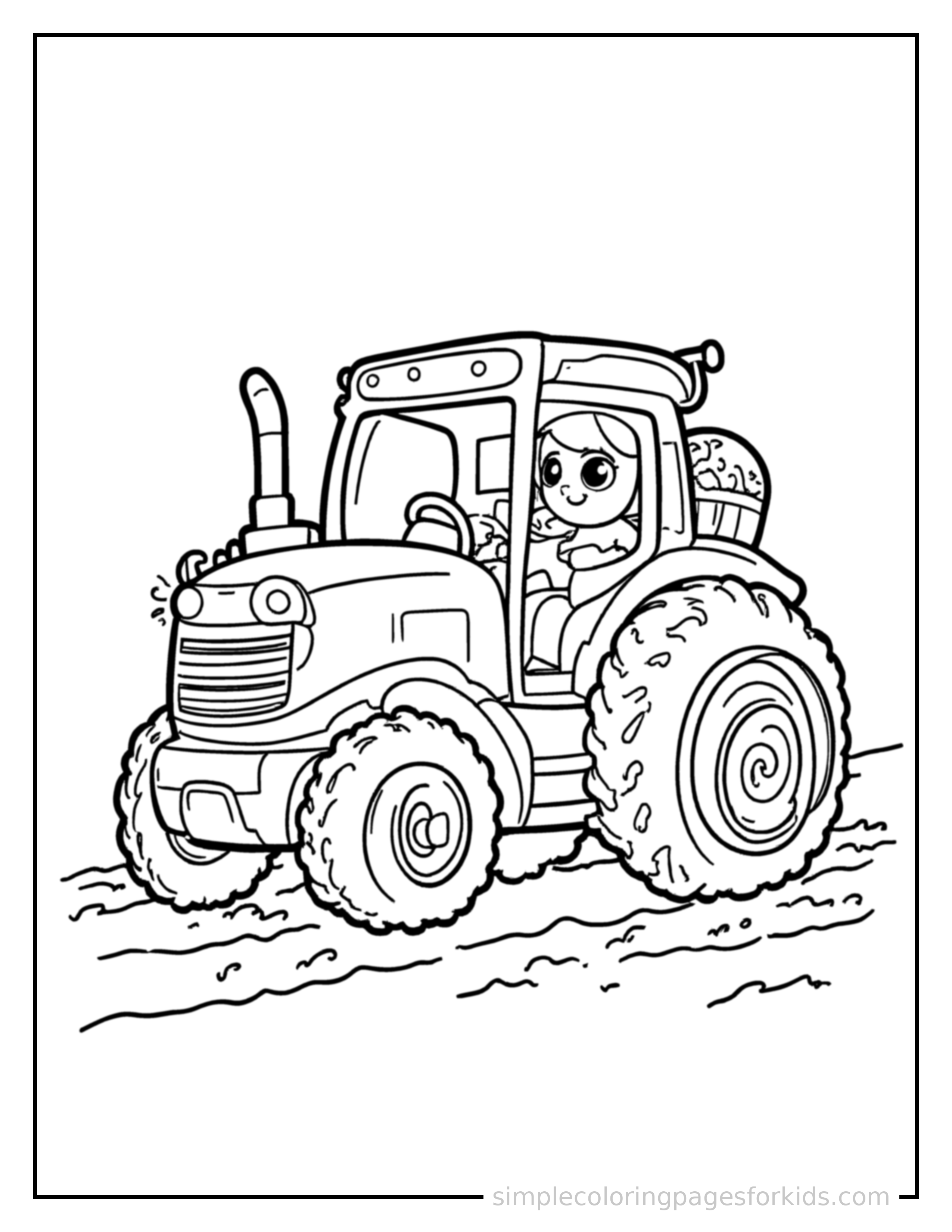 Free printable tractor coloring page featuring a cute tractor loaded up with fun cargo, proud big smile, motion lines showing it moving.