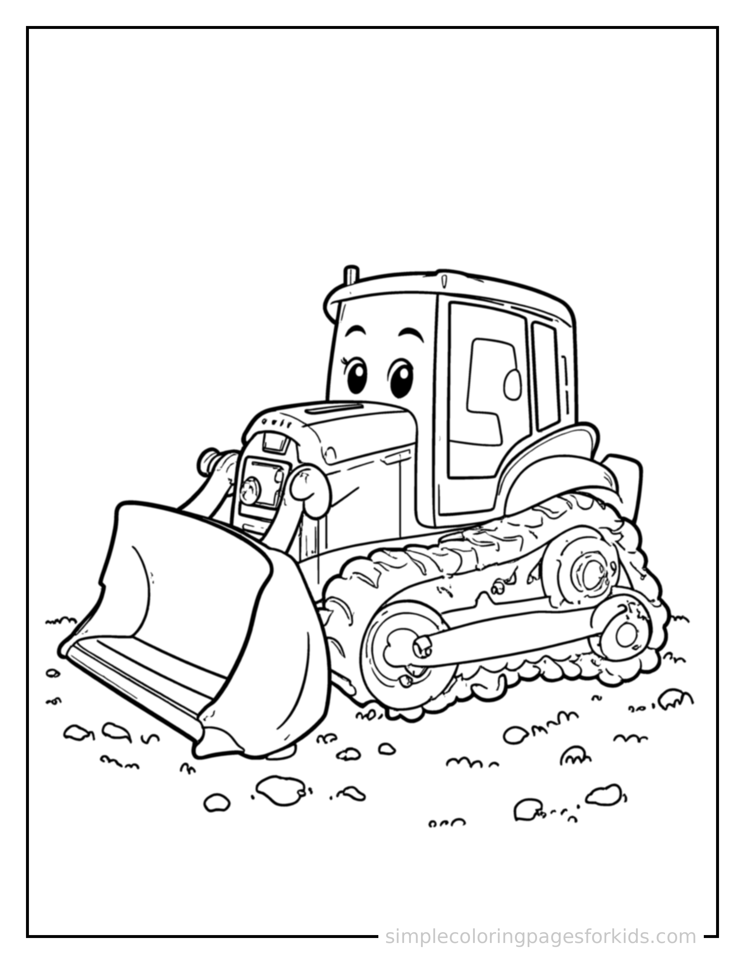 Free printable bulldozer coloring page featuring a cute bulldozer parked and resting with a sleepy happy expression, one headlight winking.