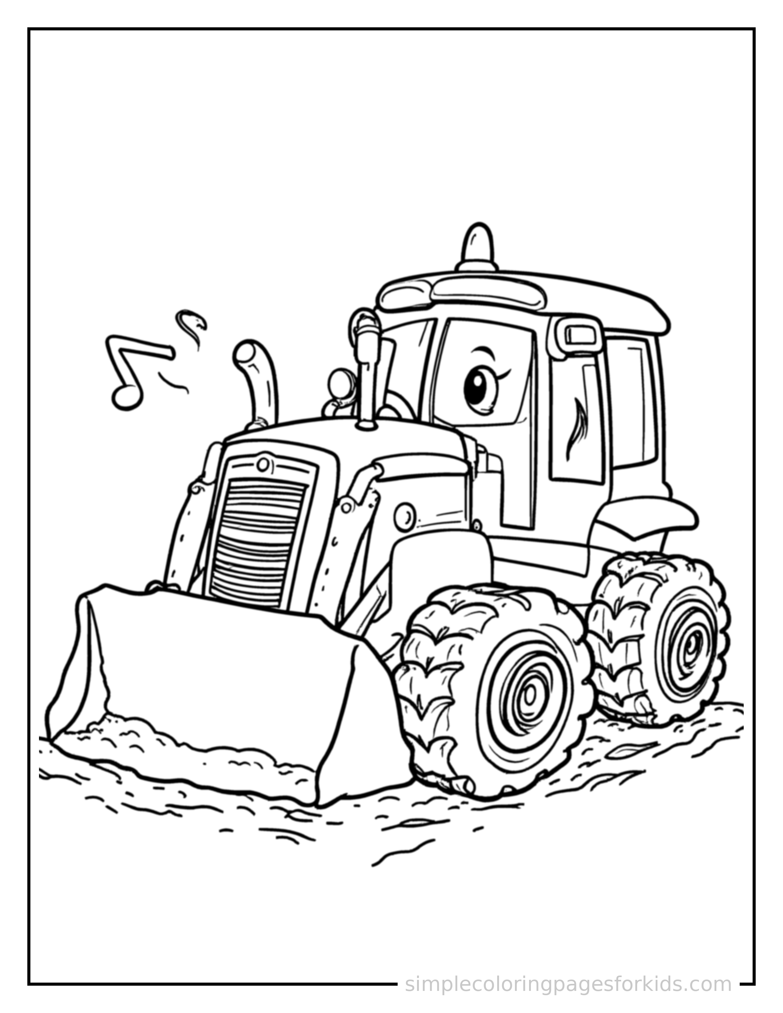 Free printable bulldozer coloring page featuring a cute bulldozer honking its horn with an excited open-mouth grin, small musical notes nearby.