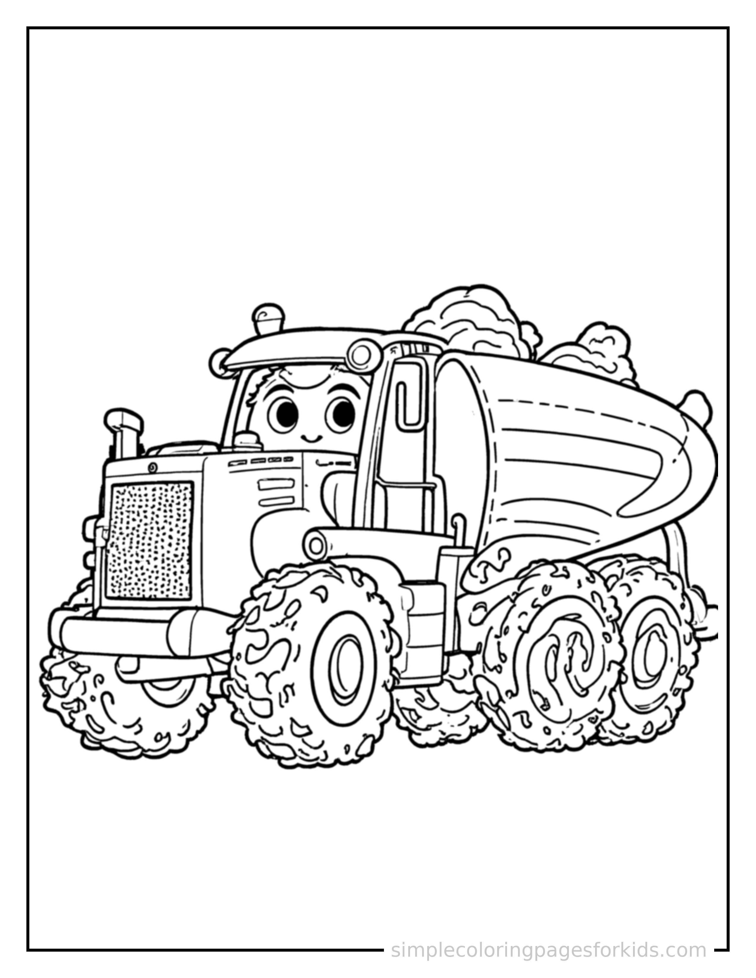 Free printable bulldozer coloring page featuring a cute bulldozer loaded up with fun cargo, proud big smile, motion lines showing it moving.