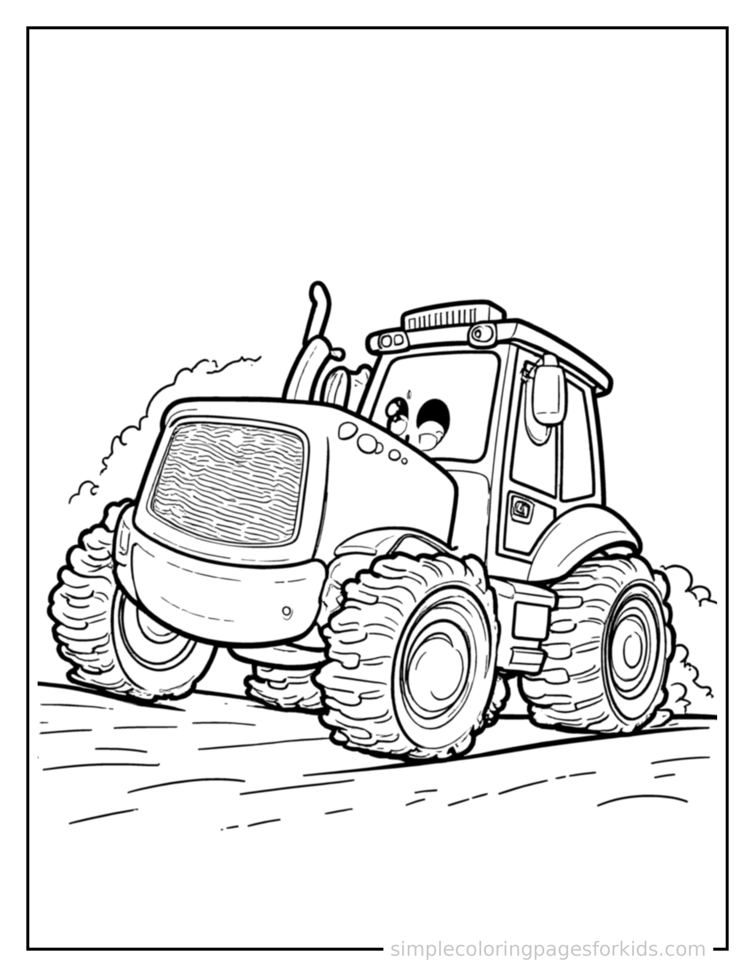 Free printable excavator coloring page featuring a cute excavator driving forward fast with a big cheerful headlight-eyes face, motion lines trailing behind.