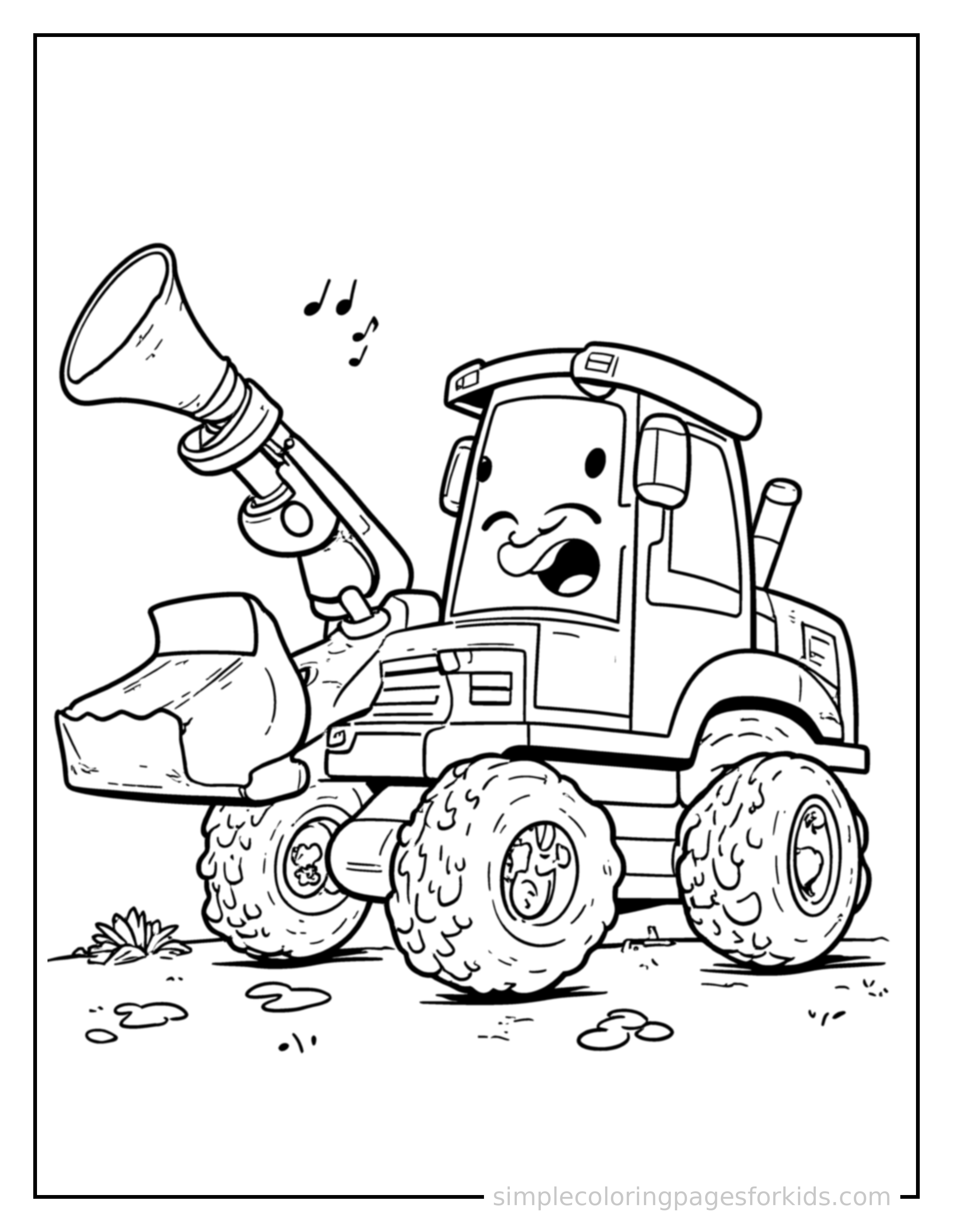 Free printable excavator coloring page featuring a cute excavator honking its horn with an excited open-mouth grin, small musical notes nearby.