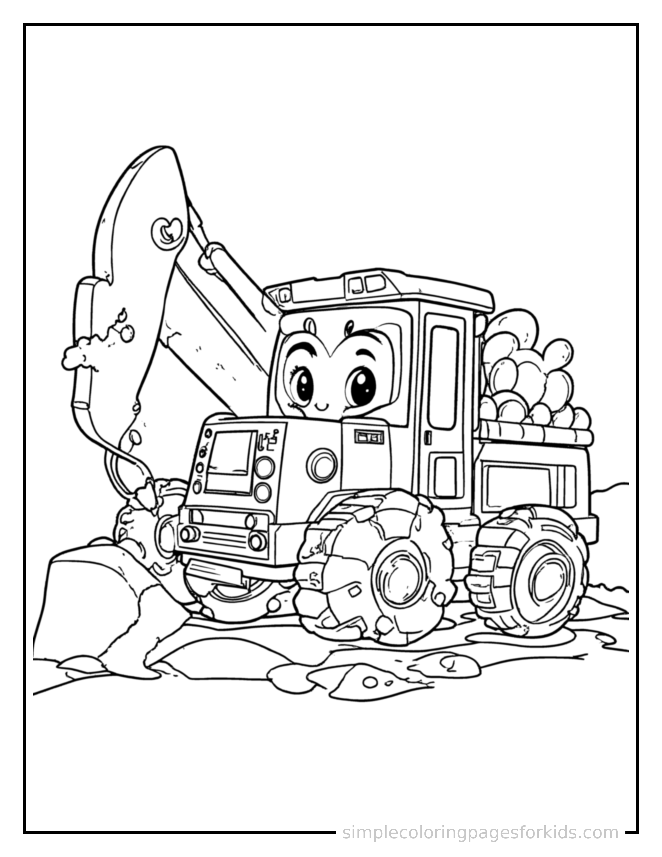 Free printable excavator coloring page featuring a cute excavator loaded up with fun cargo, proud big smile, motion lines showing it moving.