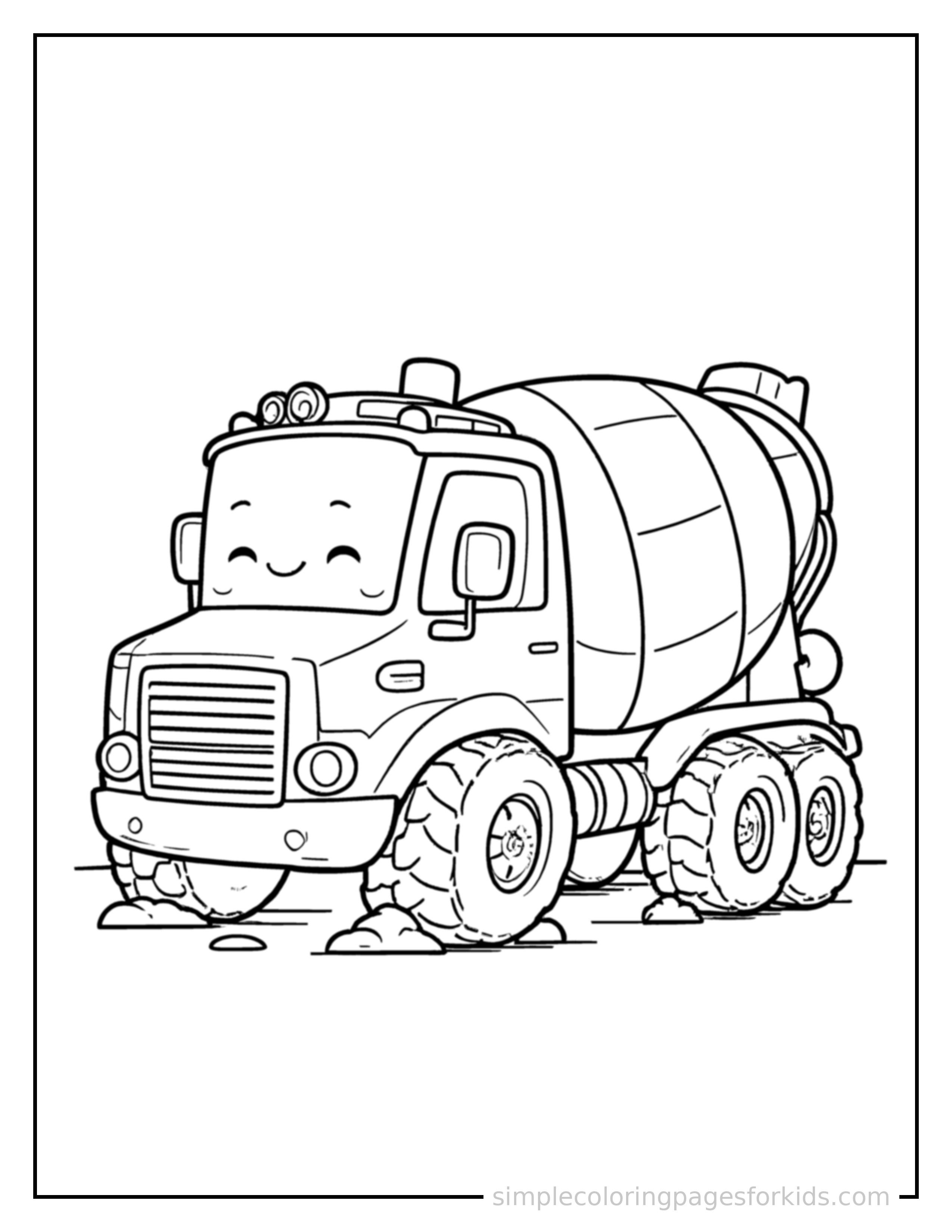 Free printable cement mixer truck coloring page featuring a cute cement mixer truck parked and resting with a sleepy happy expression, one headlight winking.