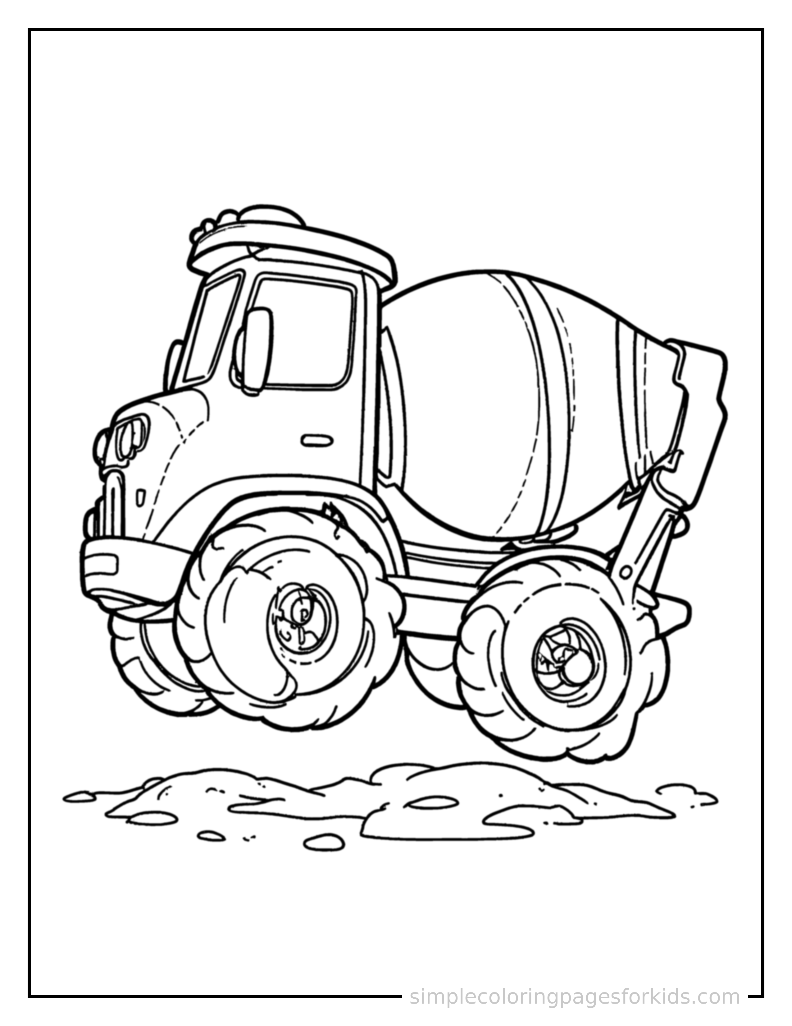 Free printable cement mixer truck coloring page featuring a cute cement mixer truck bouncing over a small bump in the road, joyful expression, wheels off the ground.