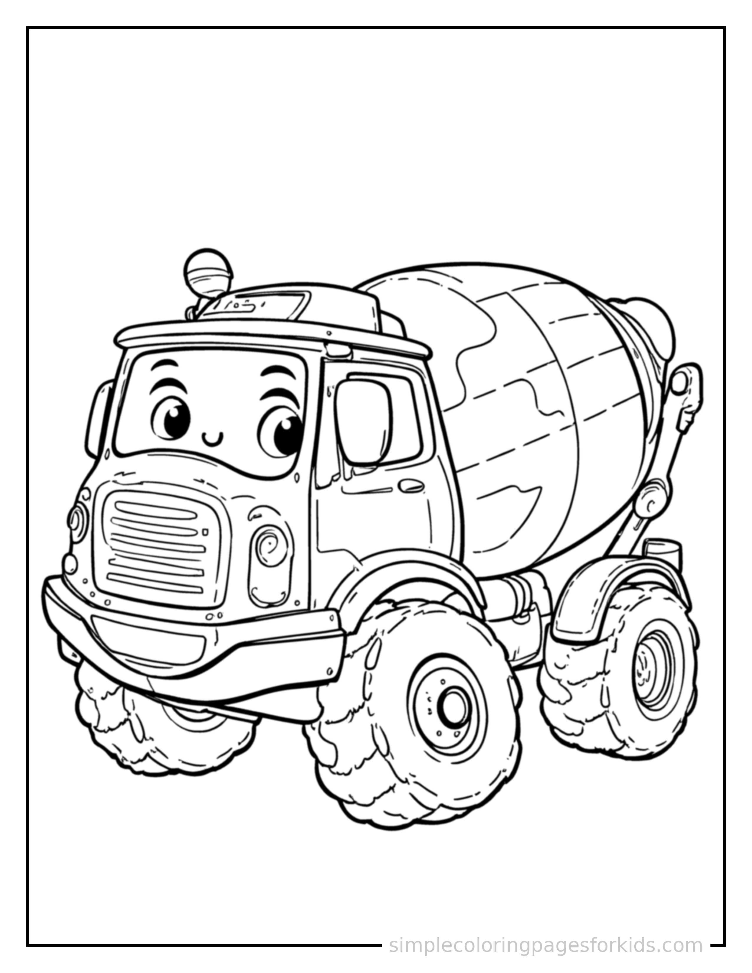 Free printable cement mixer truck coloring page featuring a cute cement mixer truck loaded up with fun cargo, proud big smile, motion lines showing it moving.