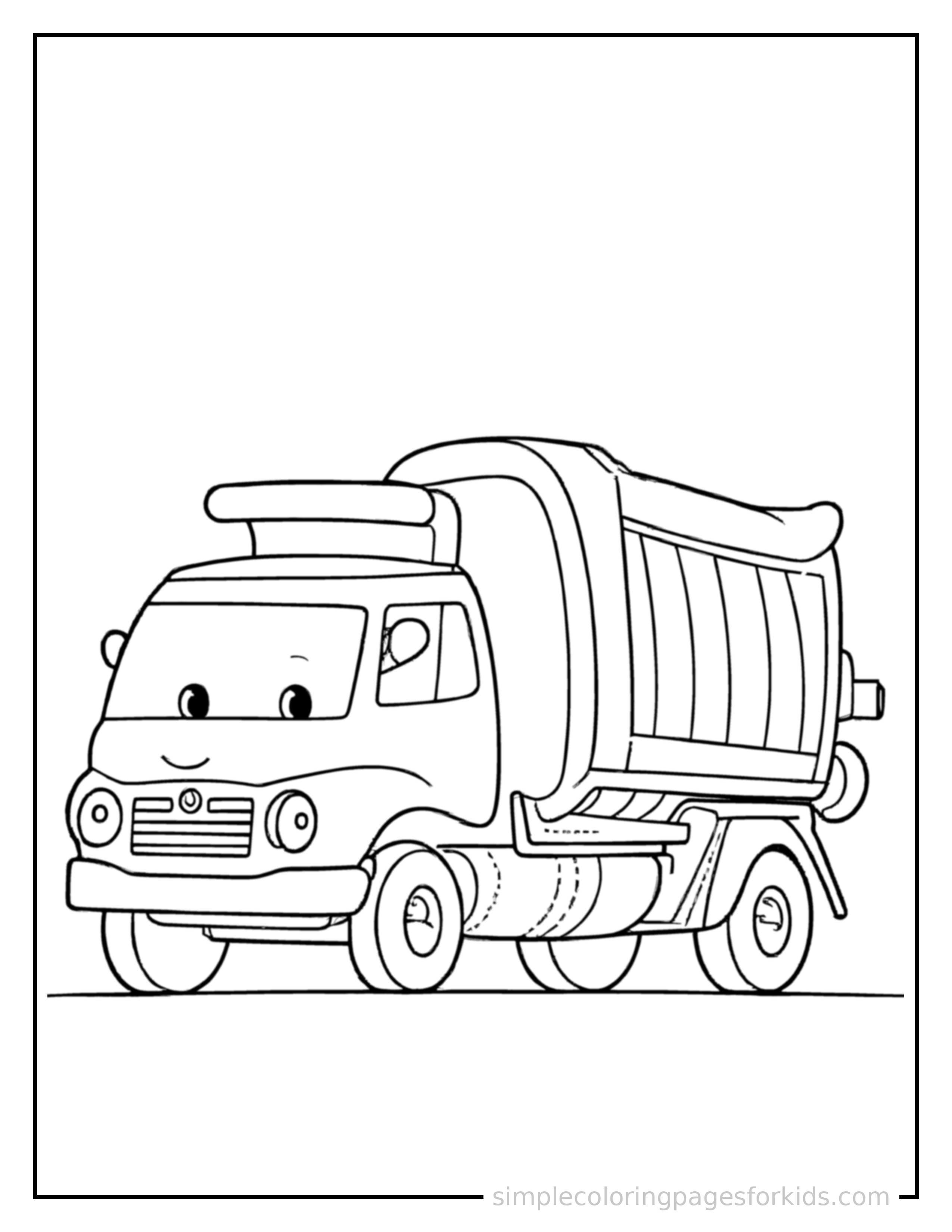 Free printable garbage truck coloring page featuring a cute garbage truck parked and resting with a sleepy happy expression, one headlight winking.