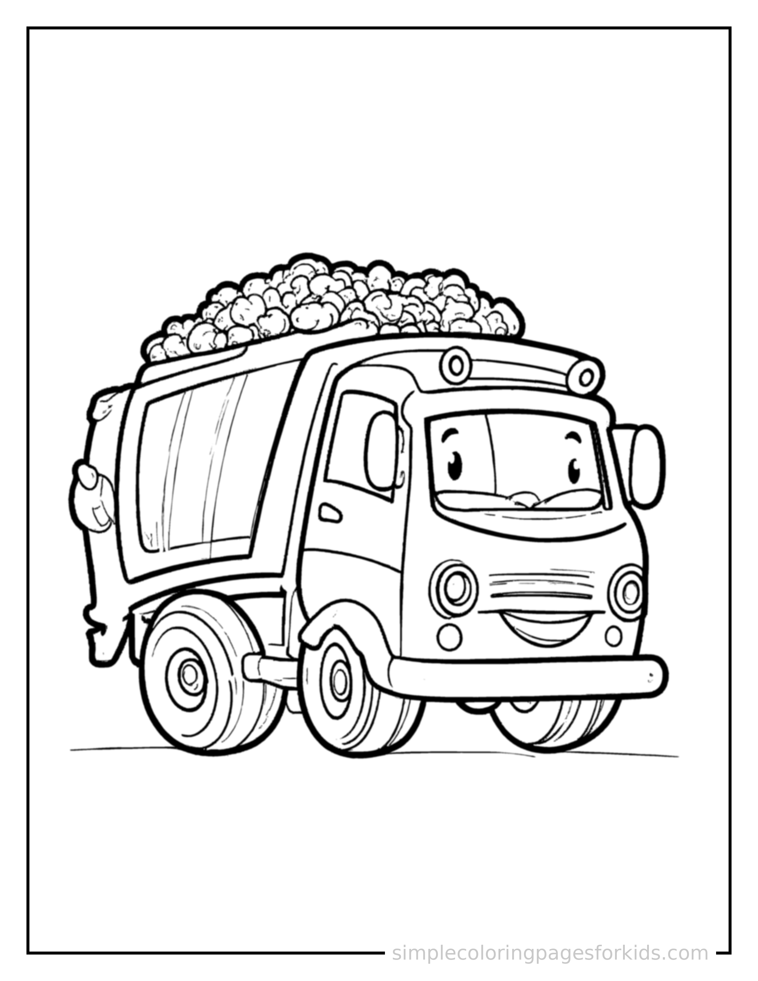 Free printable garbage truck coloring page featuring a cute garbage truck loaded up with fun cargo, proud big smile, motion lines showing it moving.