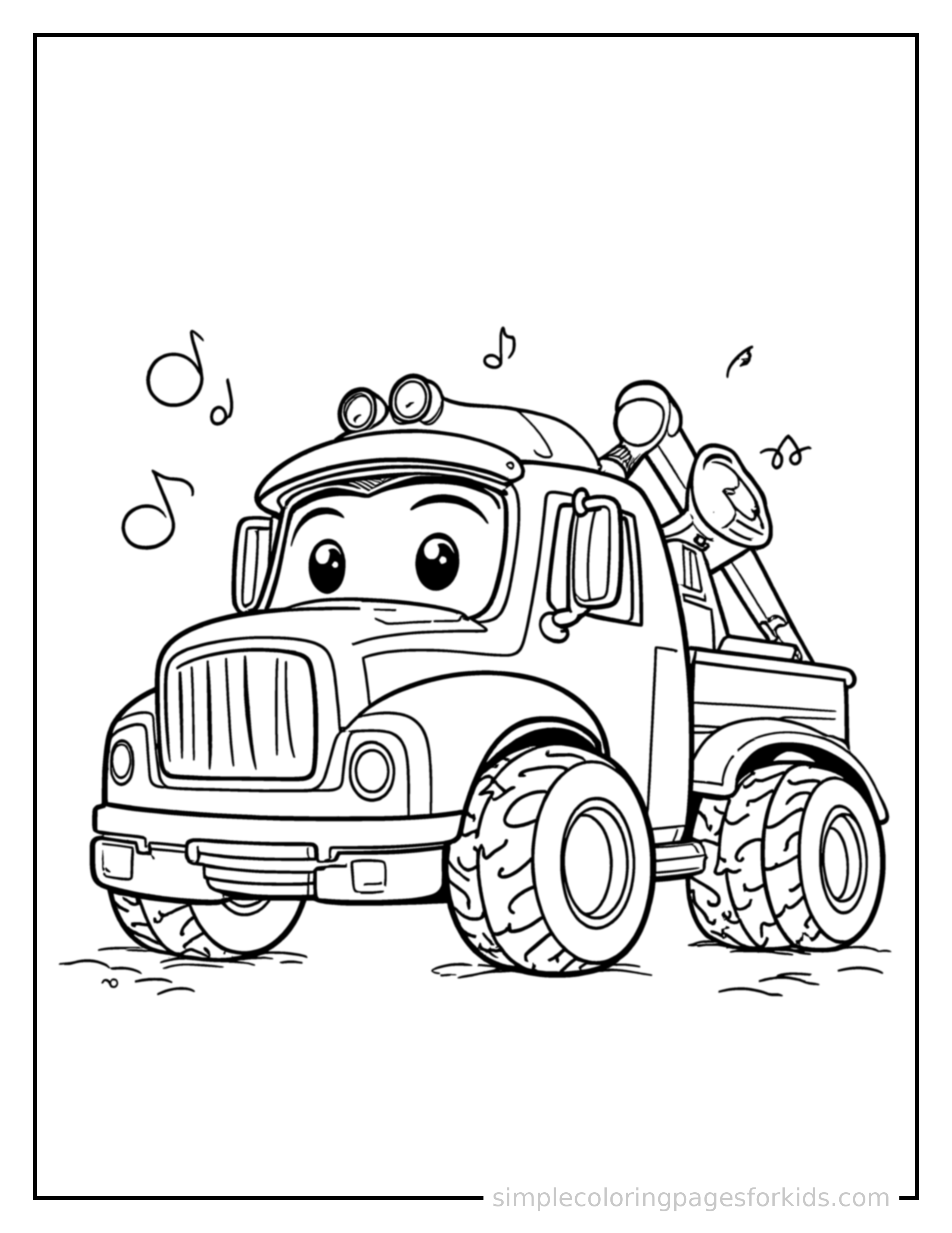 Free printable tow truck coloring page featuring a cute tow truck honking its horn with an excited open-mouth grin, small musical notes nearby.