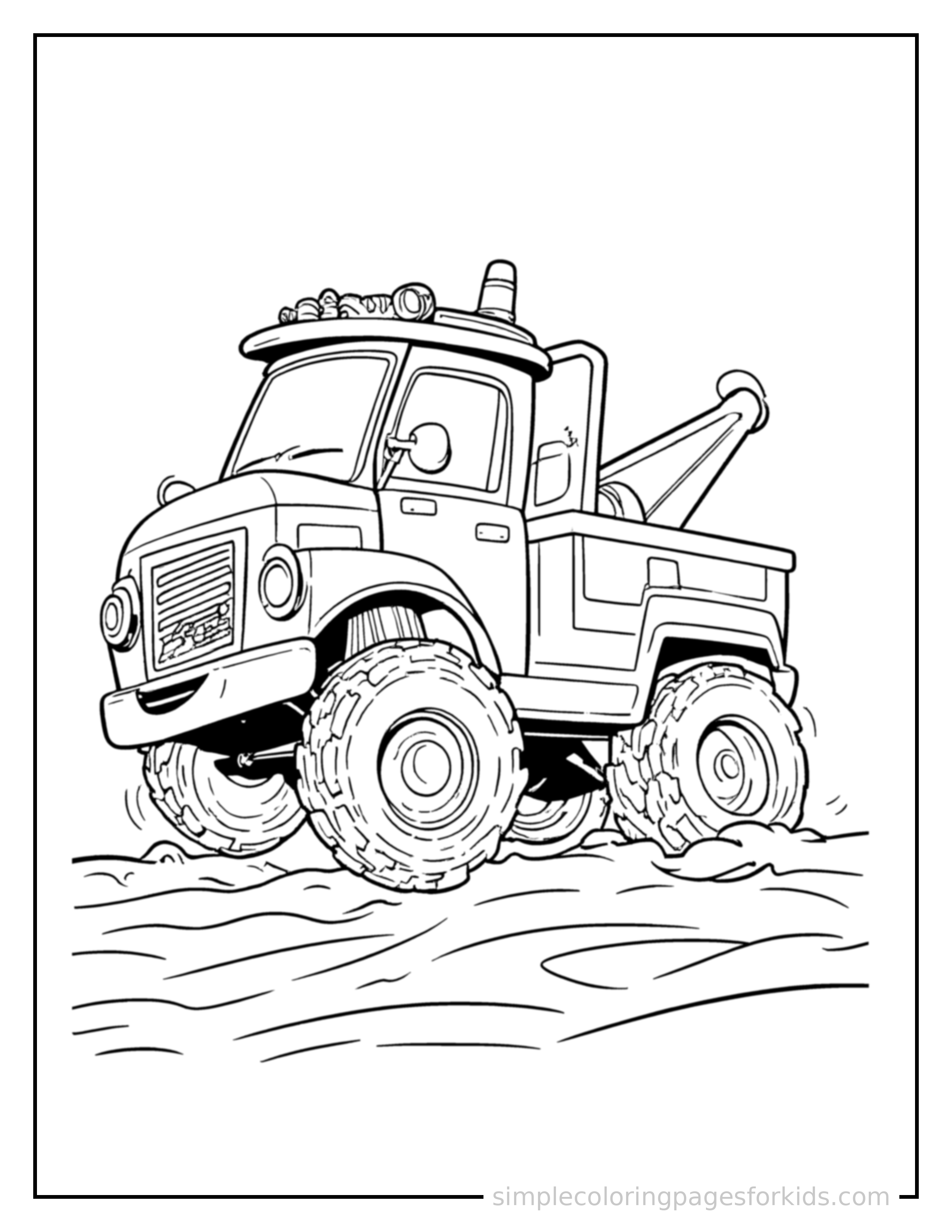 Free printable tow truck coloring page featuring a cute tow truck bouncing over a small bump in the road, joyful expression, wheels off the ground.