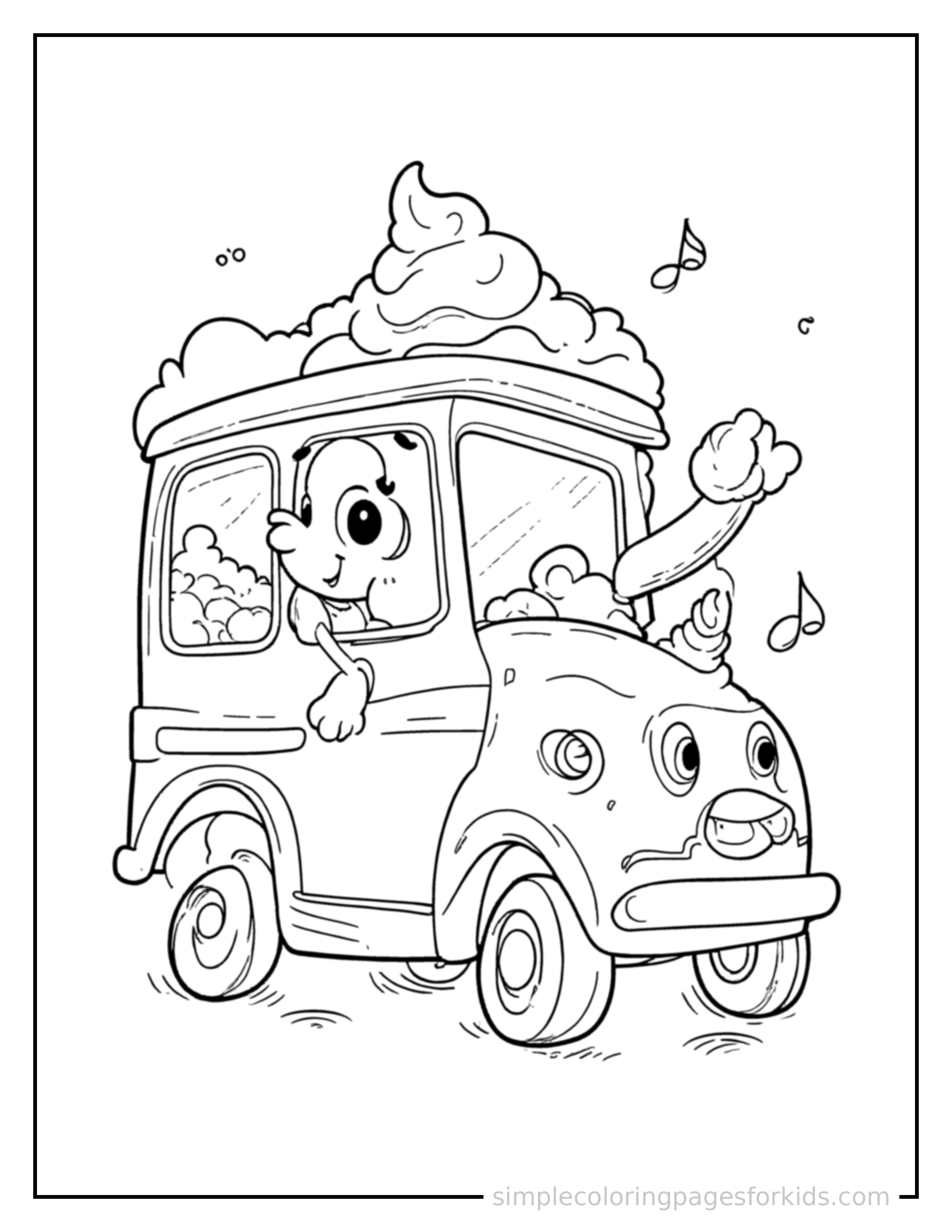 Free printable ice cream truck coloring page featuring a cute ice cream truck honking its horn with an excited open-mouth grin, small musical notes nearby.