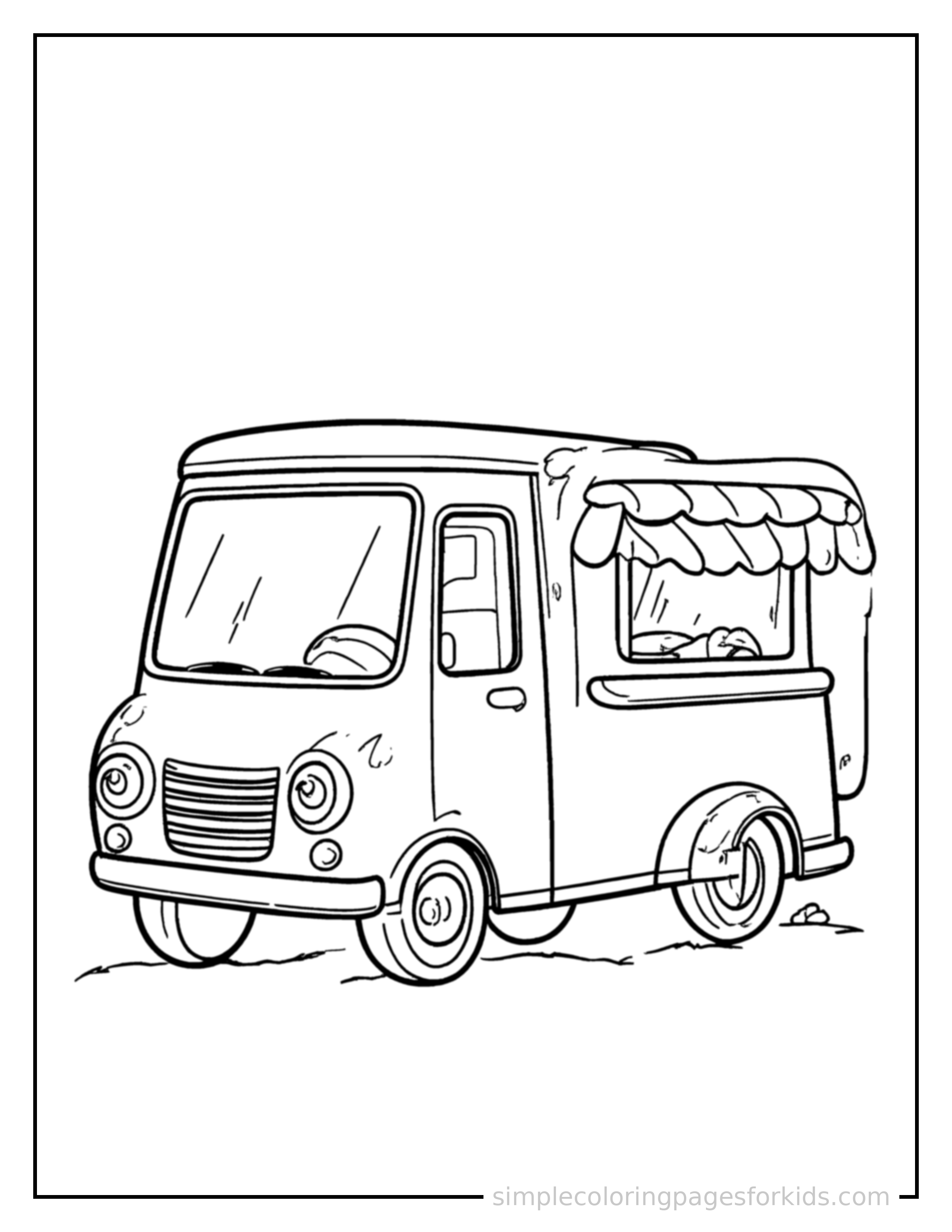 Free printable food truck coloring page featuring a cute food truck parked and resting with a sleepy happy expression, one headlight winking.