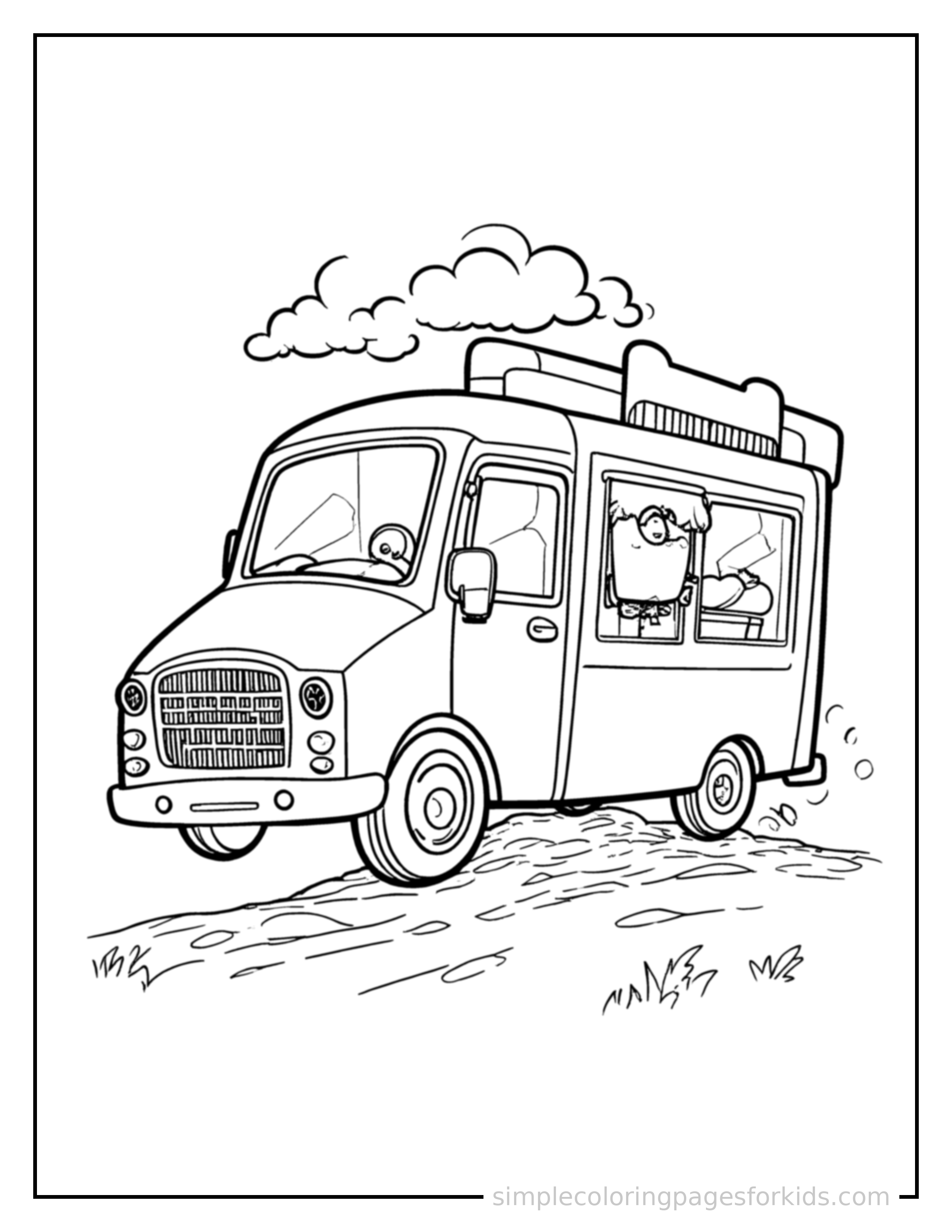 Free printable food truck coloring page featuring a cute food truck bouncing over a small bump in the road, joyful expression, wheels off the ground.