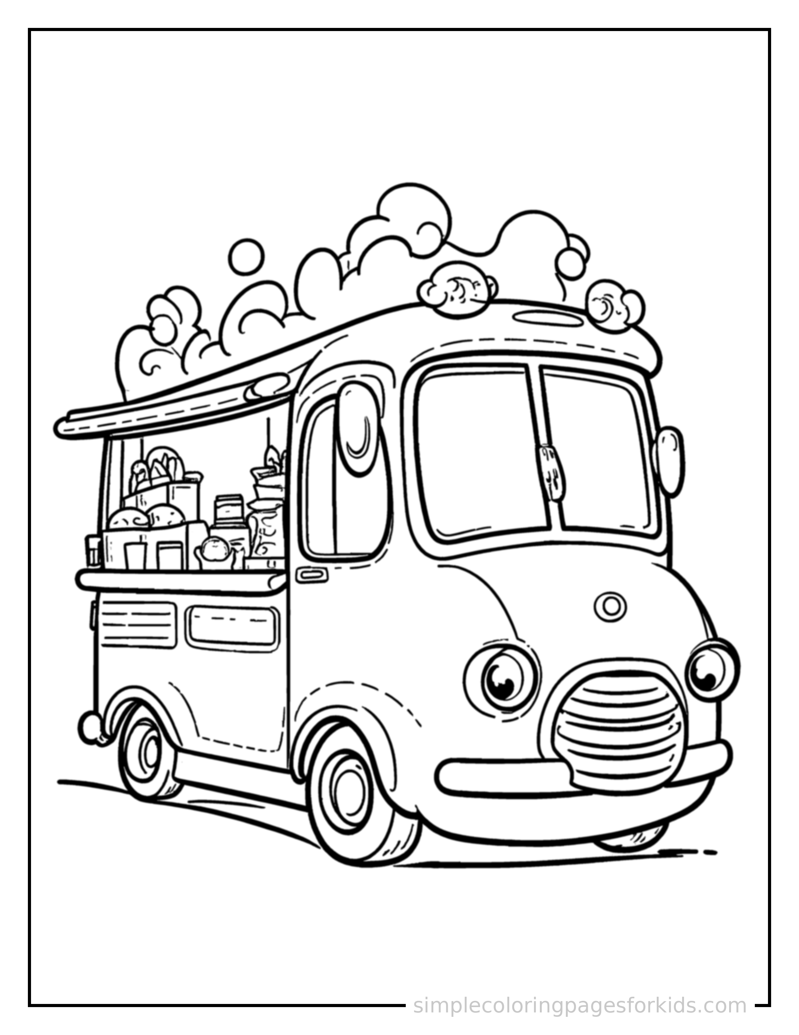 Free printable food truck coloring page featuring a cute food truck loaded up with fun cargo, proud big smile, motion lines showing it moving.