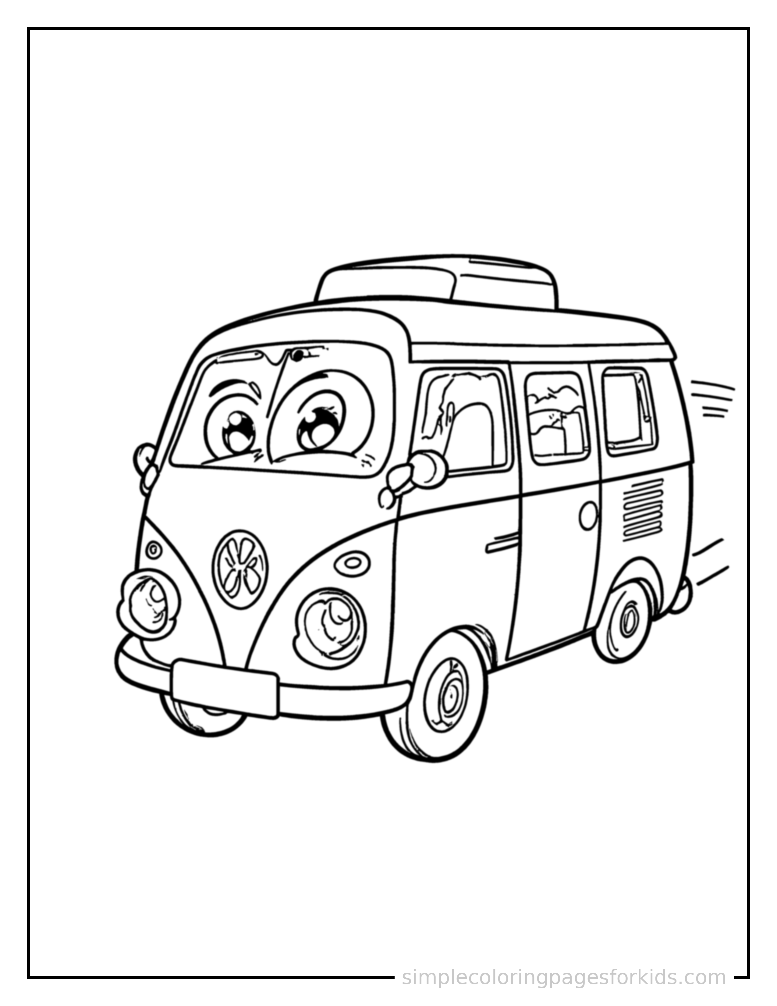 Free printable camper van coloring page featuring a cute camper van driving forward fast with a big cheerful headlight-eyes face, motion lines trailing behind.