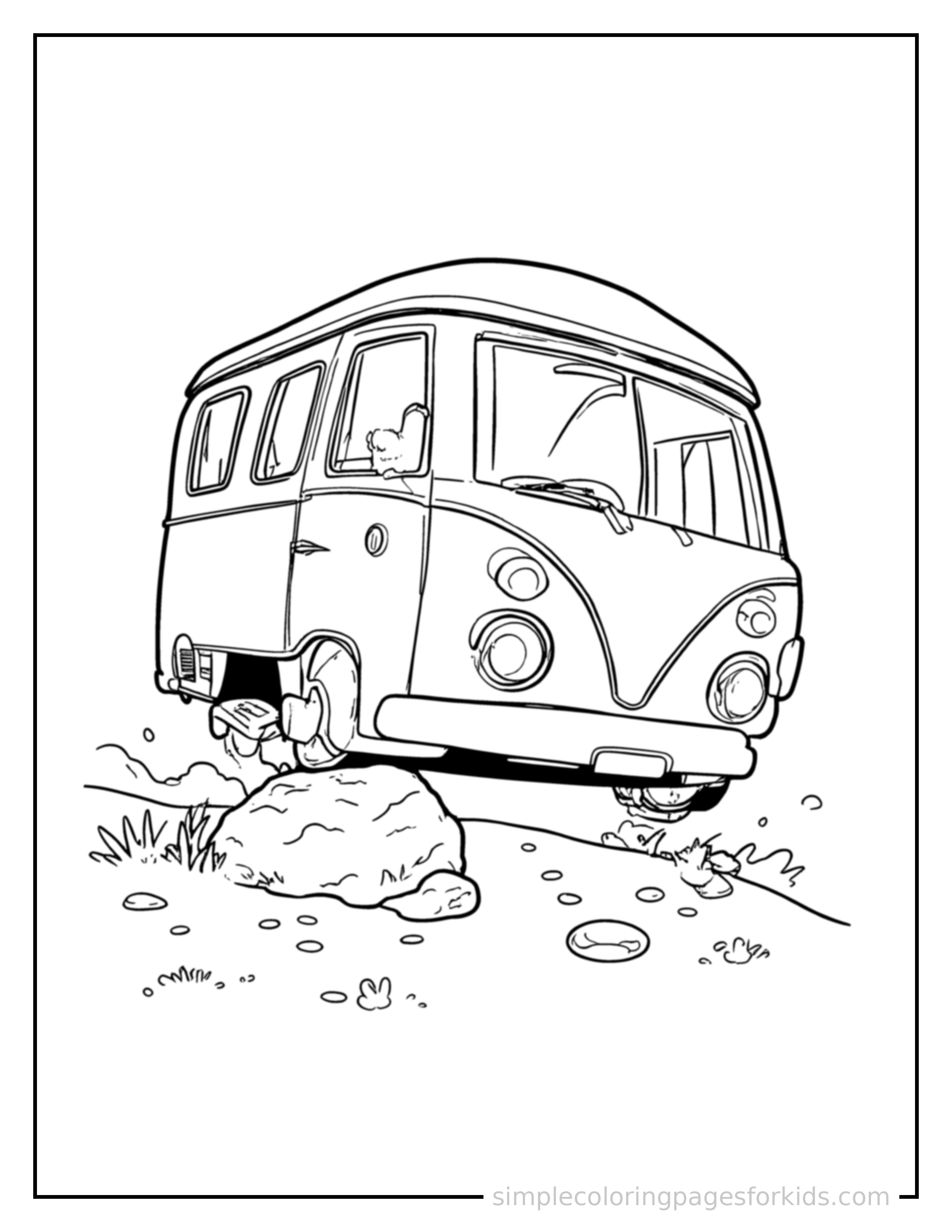 Free printable camper van coloring page featuring a cute camper van bouncing over a small bump in the road, joyful expression, wheels off the ground.