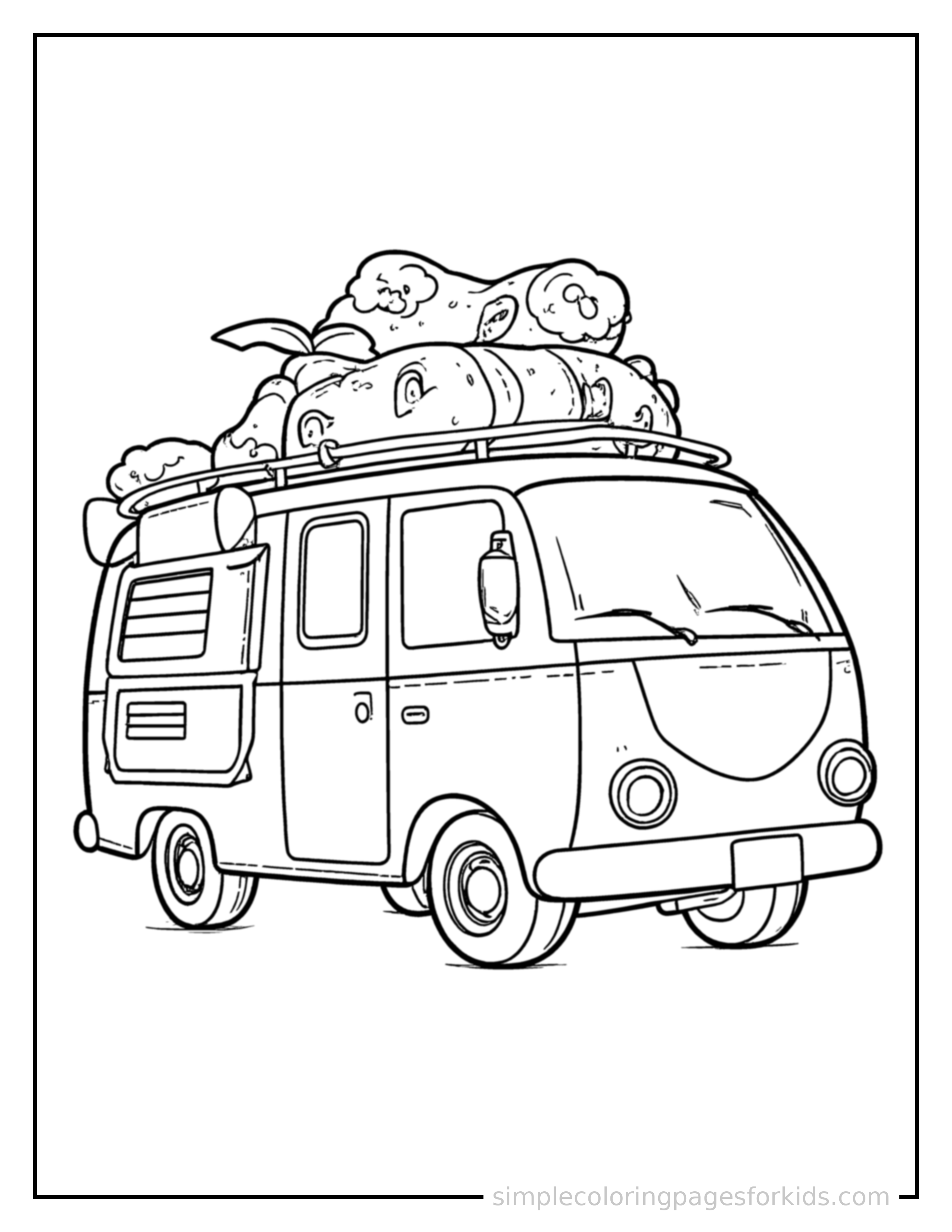 Free printable camper van coloring page featuring a cute camper van loaded up with fun cargo, proud big smile, motion lines showing it moving.