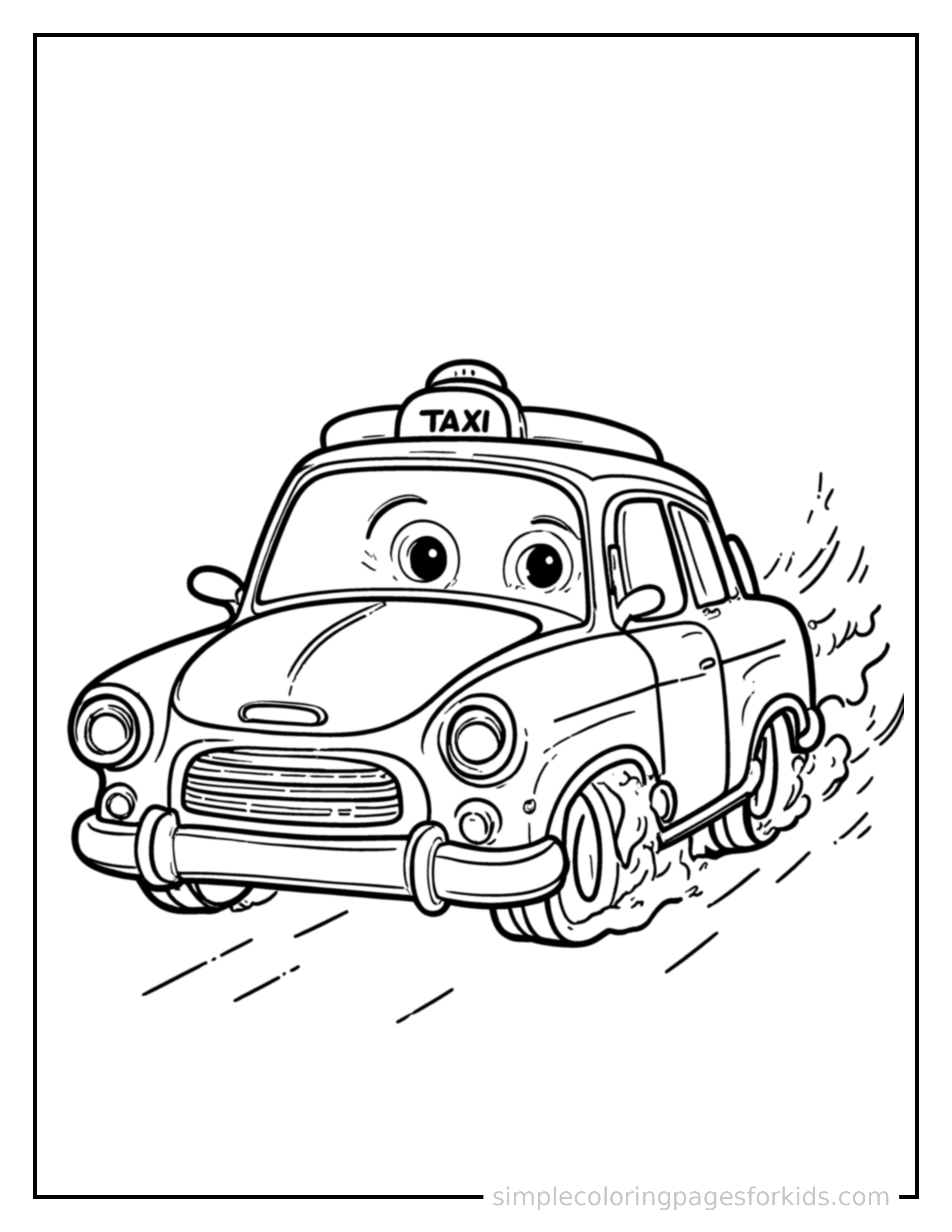 Free printable taxi cab coloring page featuring a cute taxi cab driving forward fast with a big cheerful headlight-eyes face, motion lines trailing behind.