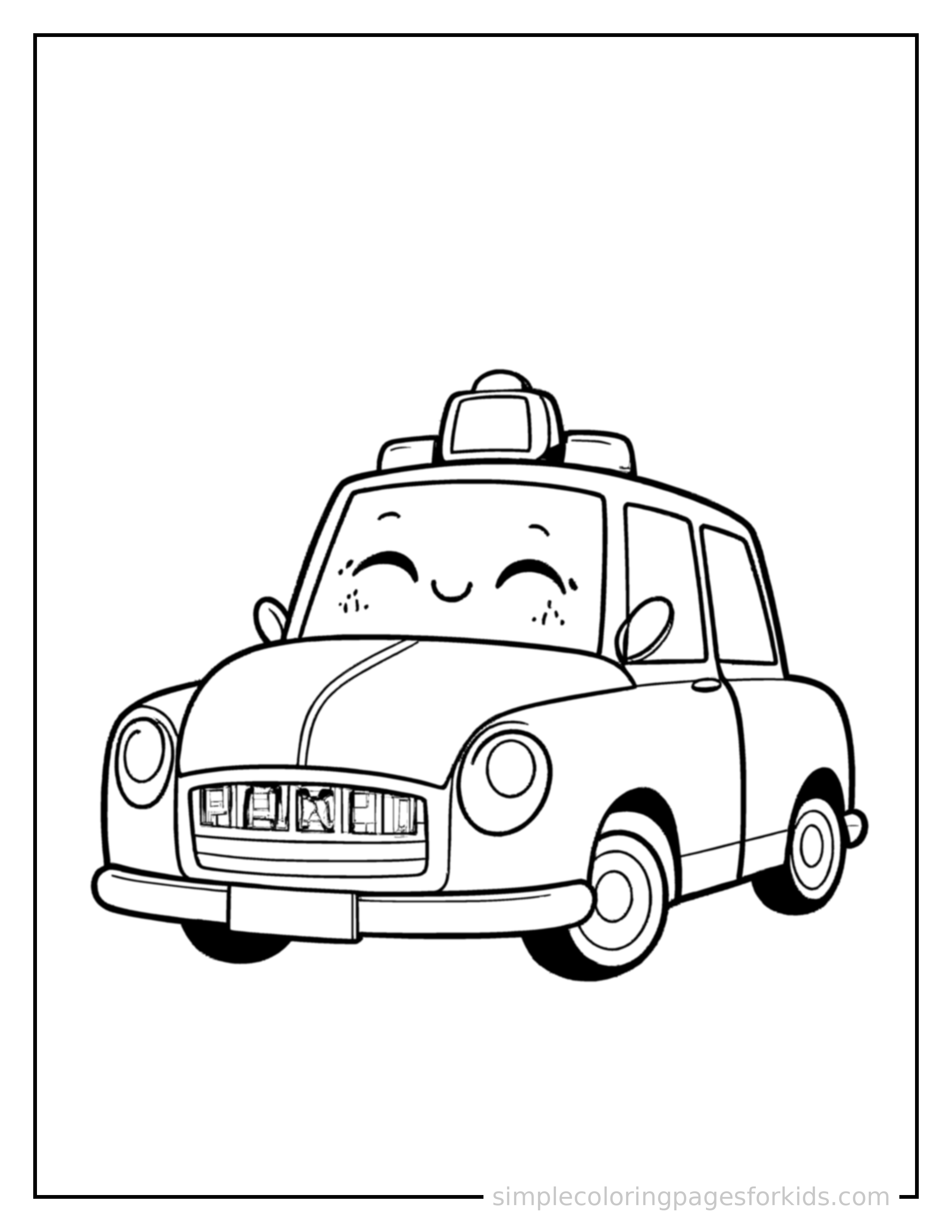 Free printable taxi cab coloring page featuring a cute taxi cab parked and resting with a sleepy happy expression, one headlight winking.