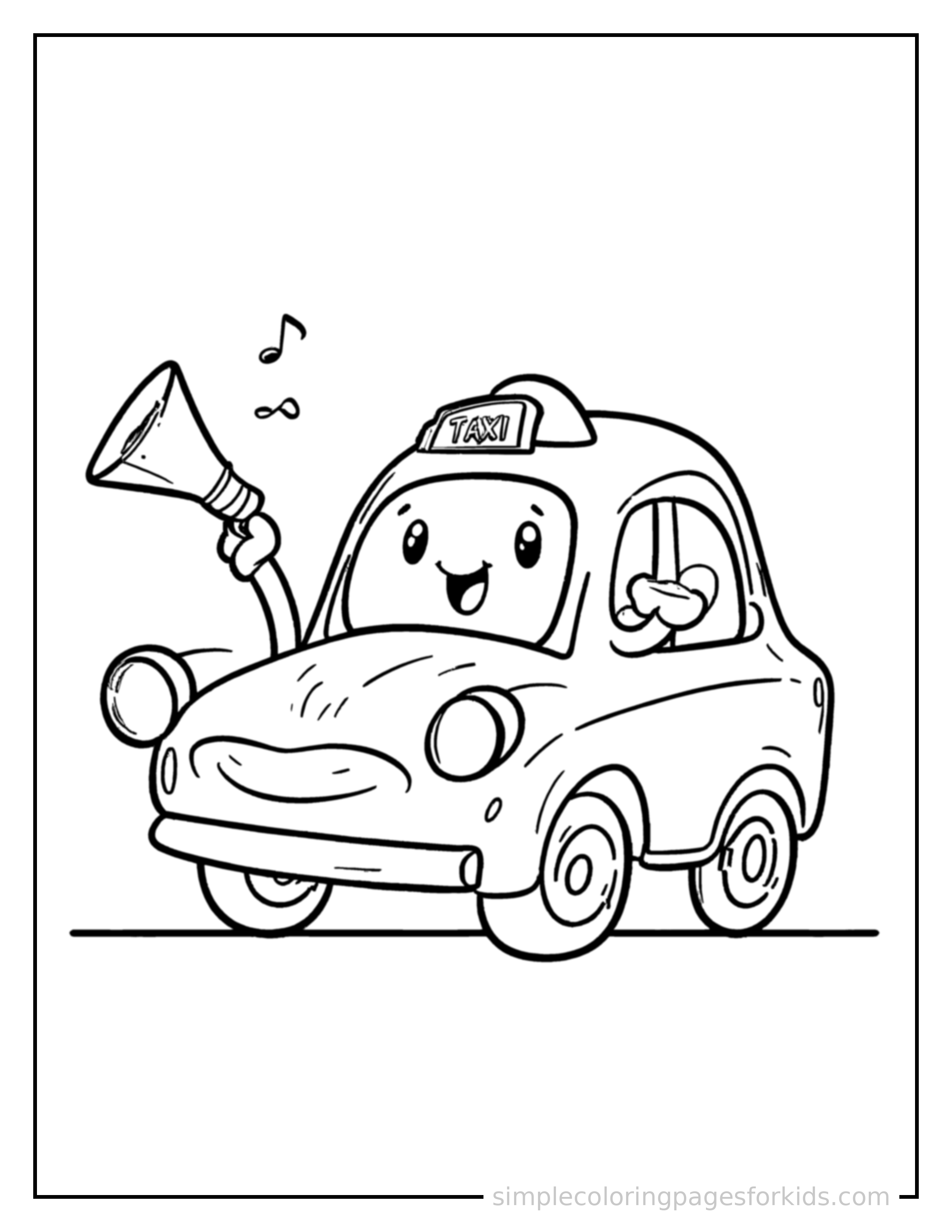 Free printable taxi cab coloring page featuring a cute taxi cab honking its horn with an excited open-mouth grin, small musical notes nearby.