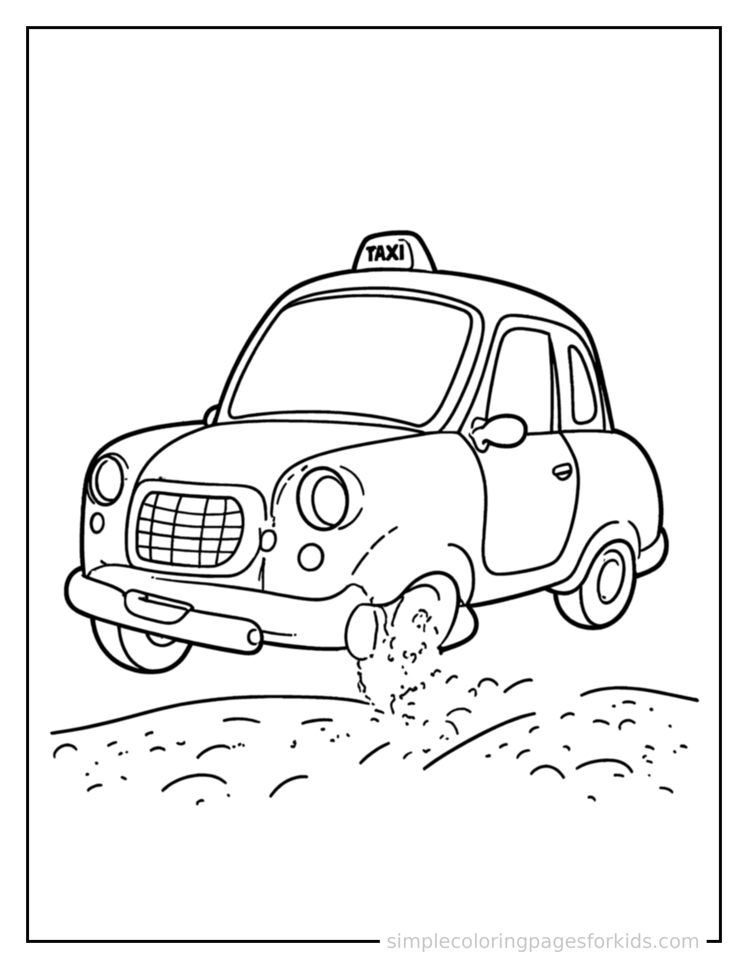 Free printable taxi cab coloring page featuring a cute taxi cab bouncing over a small bump in the road, joyful expression, wheels off the ground.