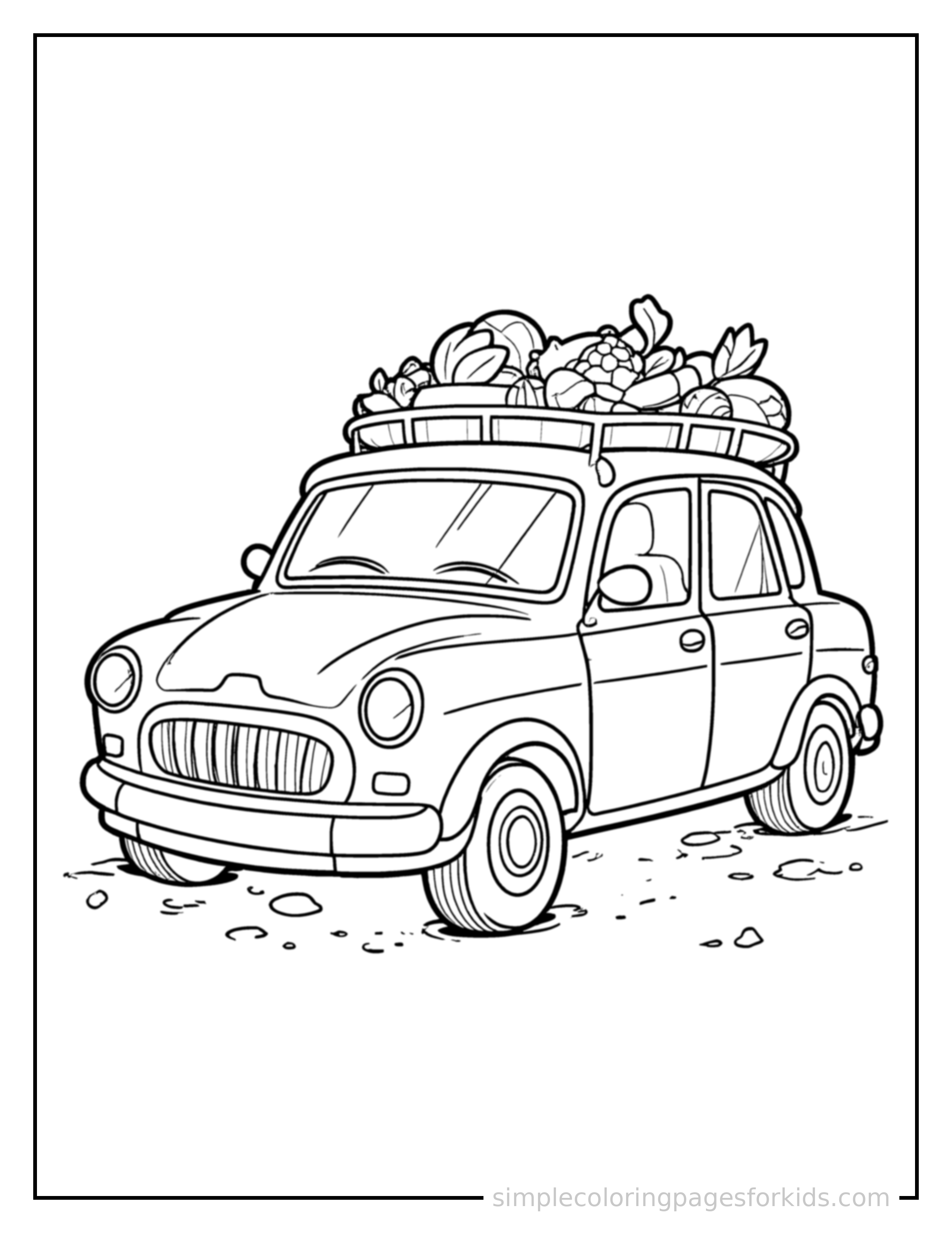 Free printable taxi cab coloring page featuring a cute taxi cab loaded up with fun cargo, proud big smile, motion lines showing it moving.