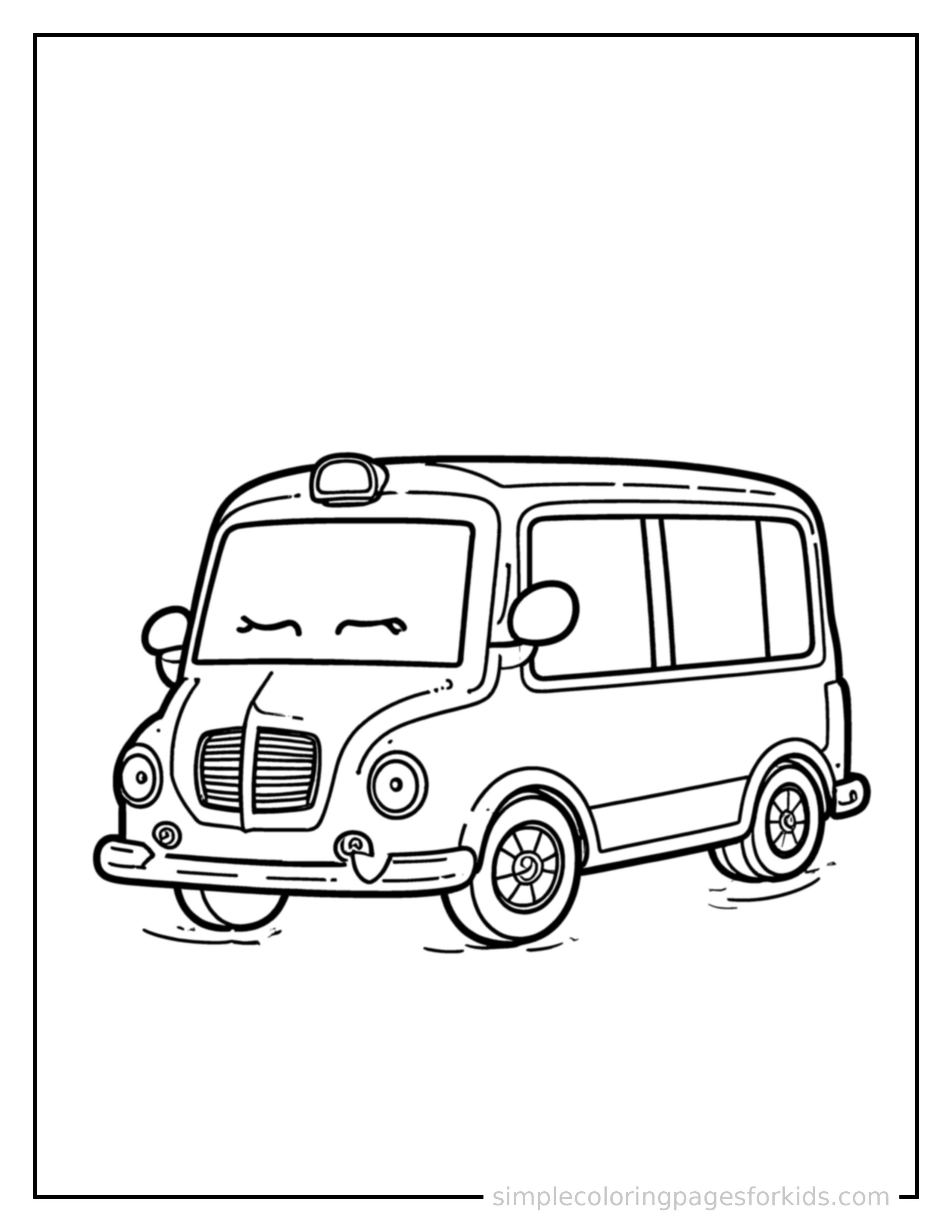 Free printable limousine coloring page featuring a cute limousine parked and resting with a sleepy happy expression, one headlight winking.