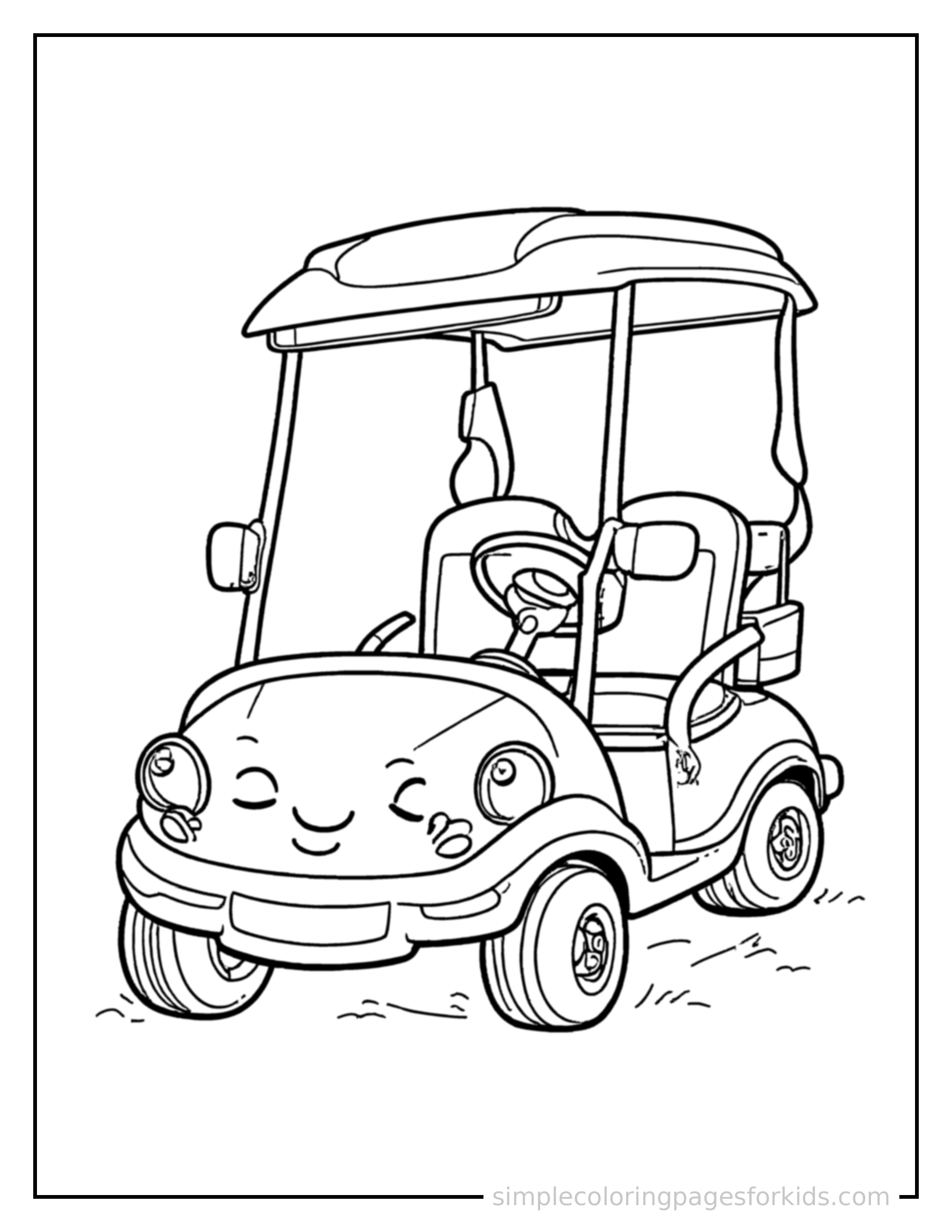 Free printable golf cart coloring page featuring a cute golf cart parked and resting with a sleepy happy expression, one headlight winking.