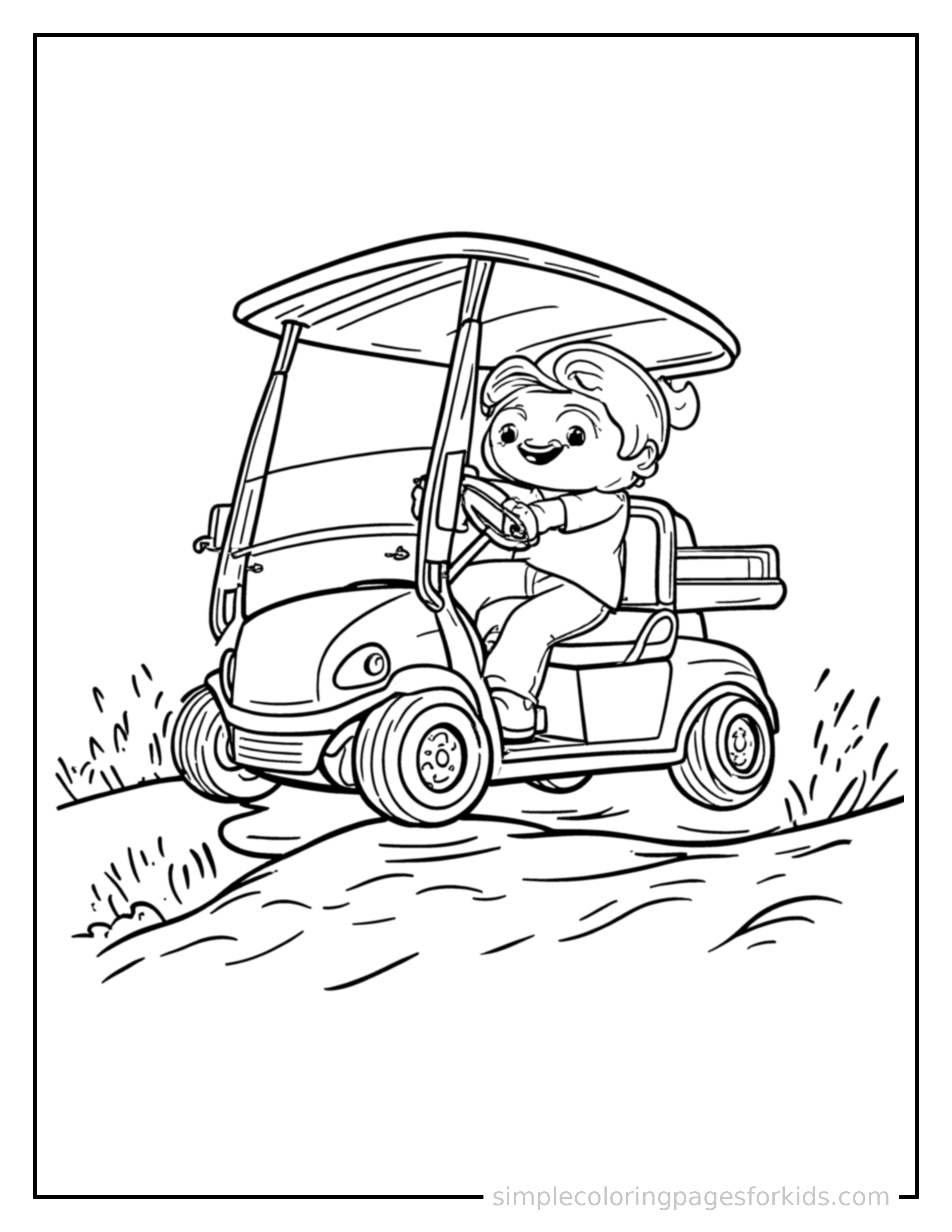 Free printable golf cart coloring page featuring a cute golf cart bouncing over a small bump in the road, joyful expression, wheels off the ground.