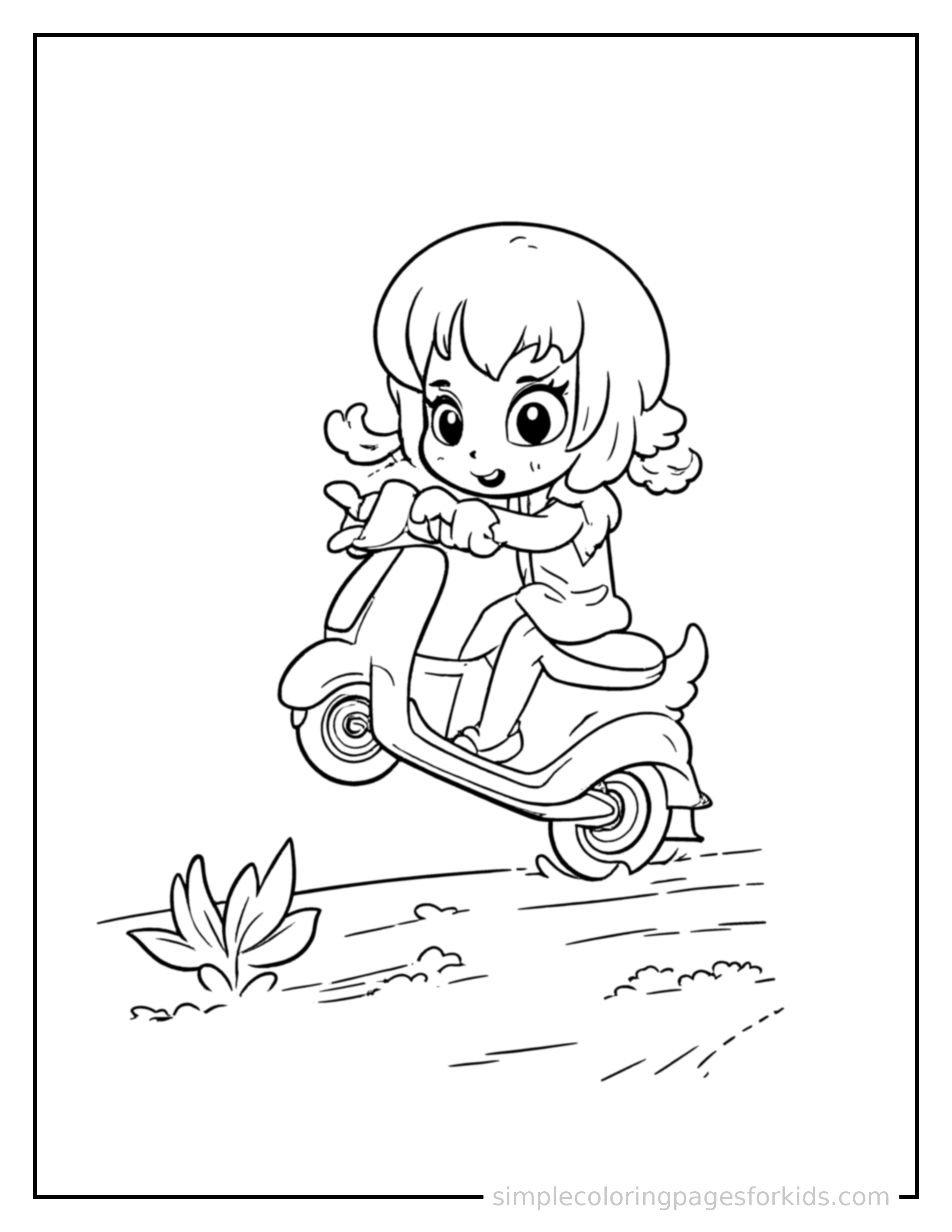 Free printable scooter coloring page featuring a cute scooter bouncing over a small bump in the road, joyful expression, wheels off the ground.