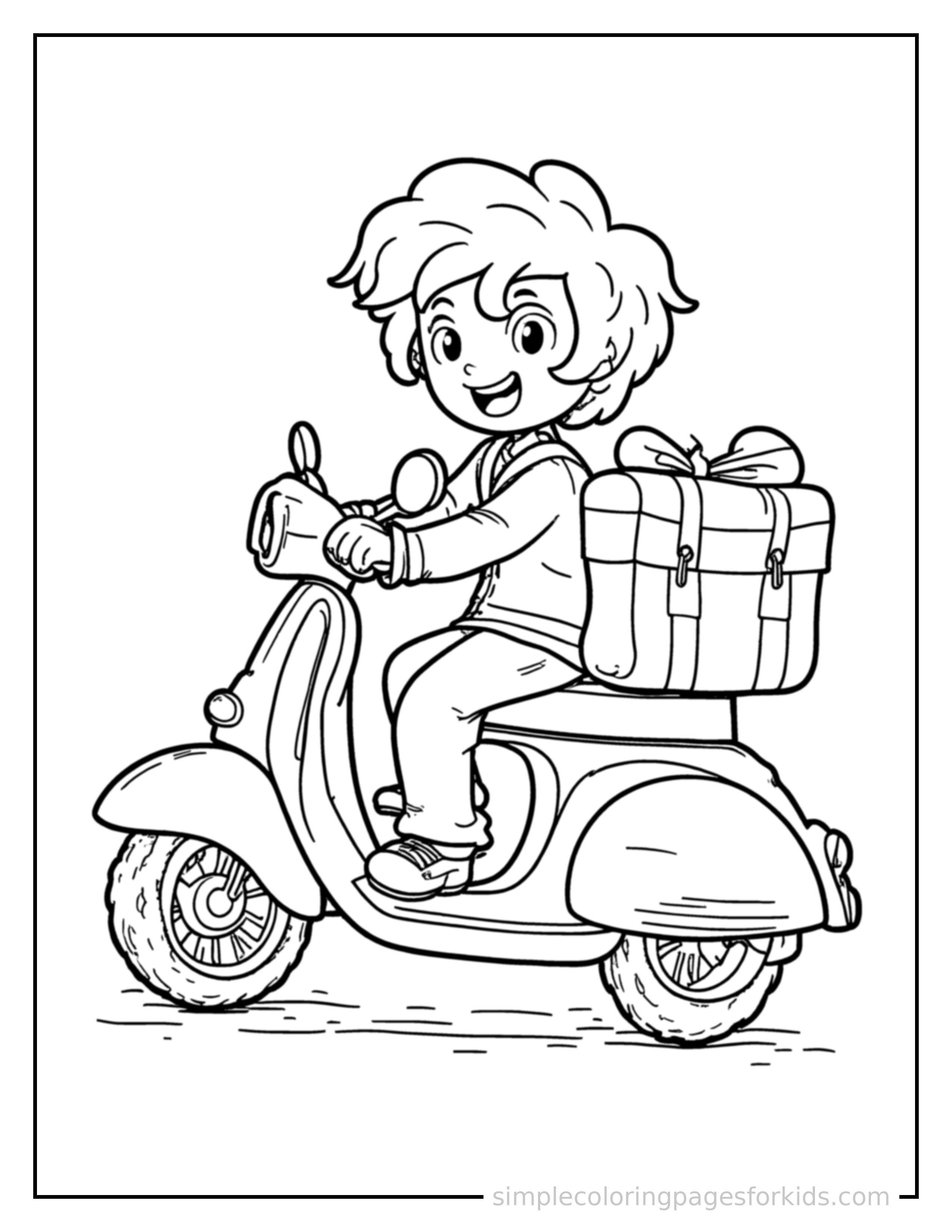 Free printable scooter coloring page featuring a cute scooter loaded up with fun cargo, proud big smile, motion lines showing it moving.