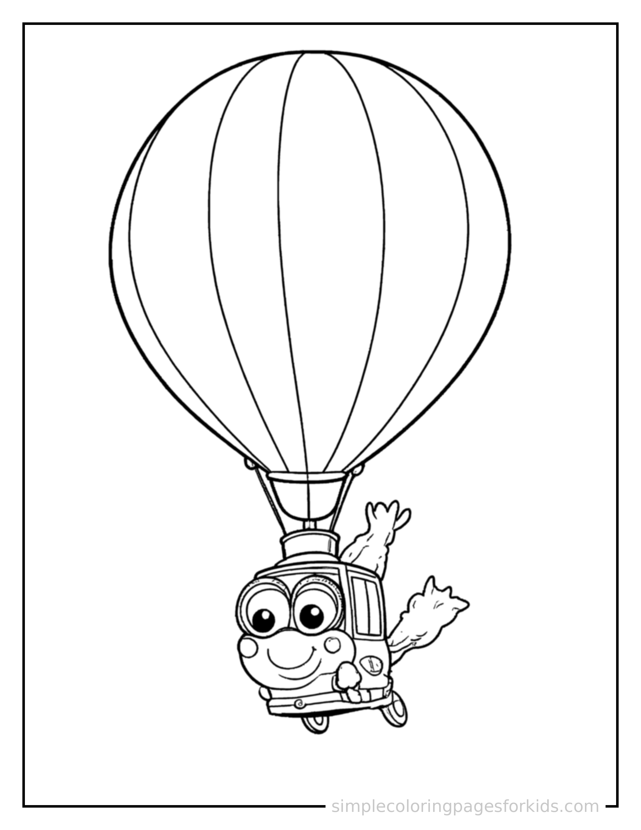 Free printable hot air balloon coloring page featuring a cute hot air balloon driving forward fast with a big cheerful headlight-eyes face, motion lines trailing behind.
