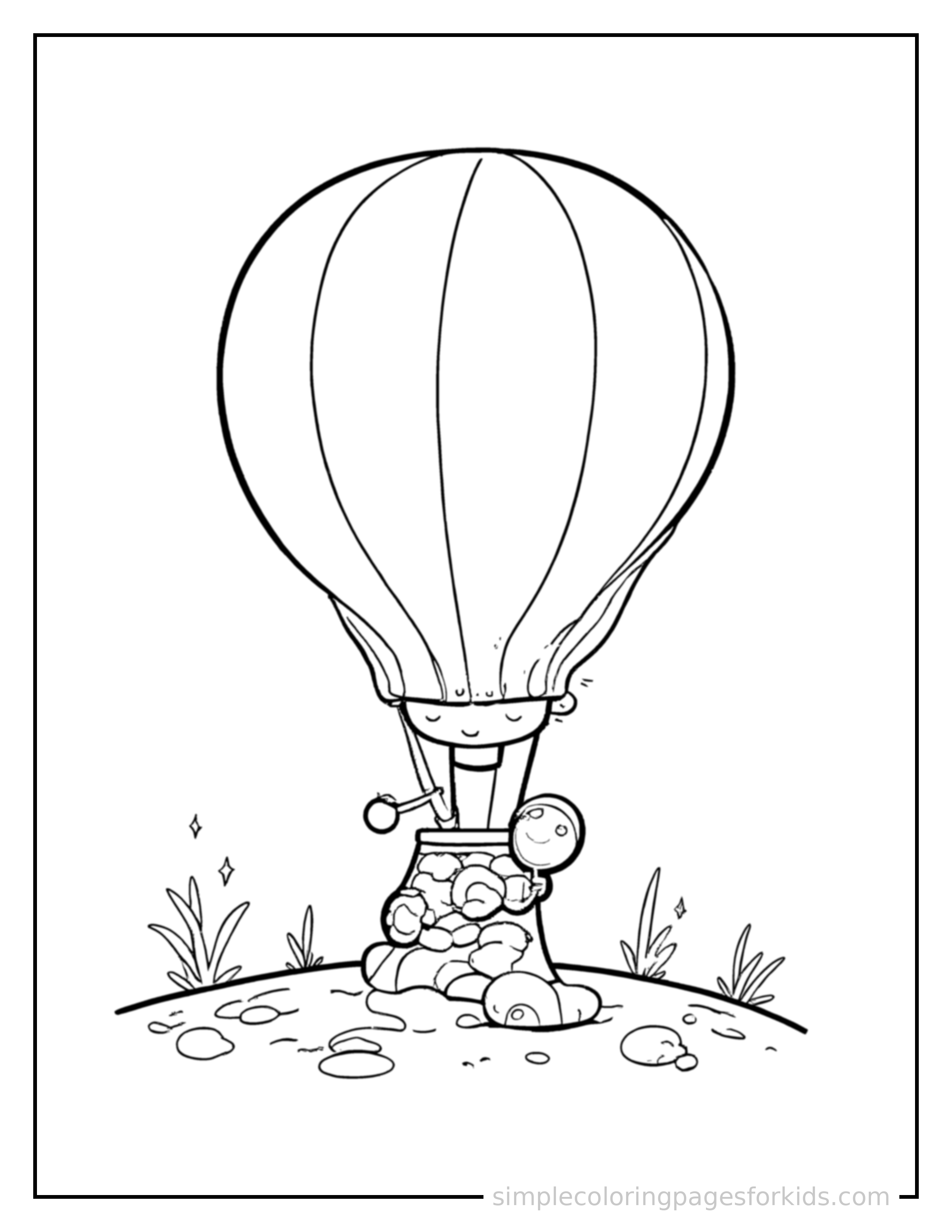 Free printable hot air balloon coloring page featuring a cute hot air balloon parked and resting with a sleepy happy expression, one headlight winking.