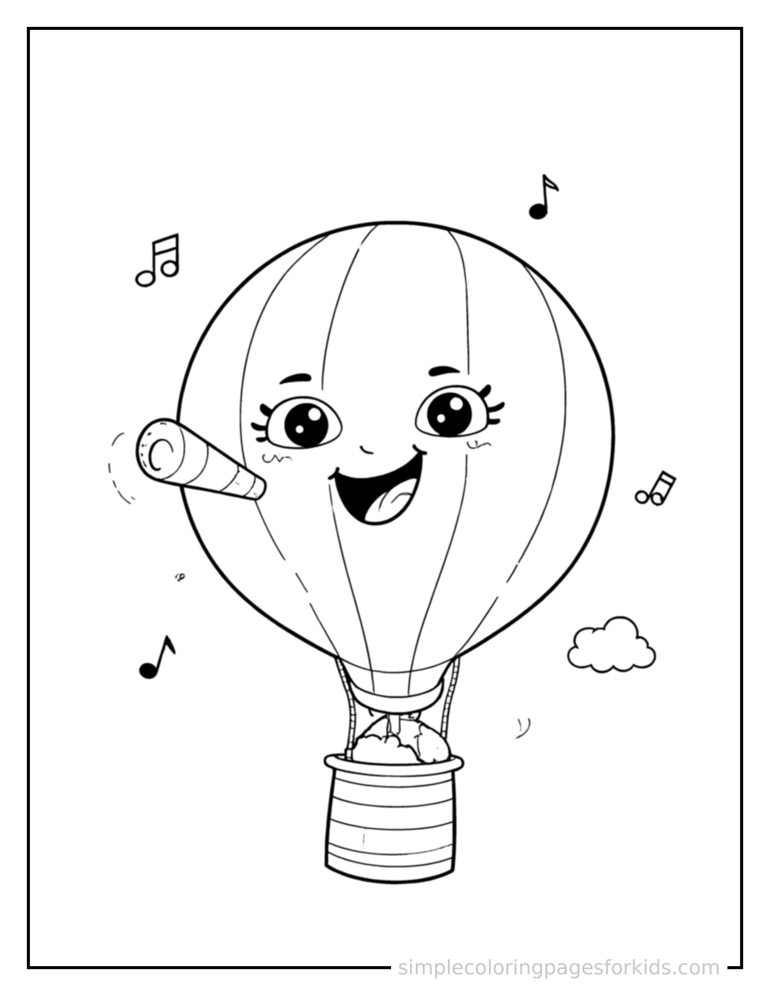 Free printable hot air balloon coloring page featuring a cute hot air balloon honking its horn with an excited open-mouth grin, small musical notes nearby.