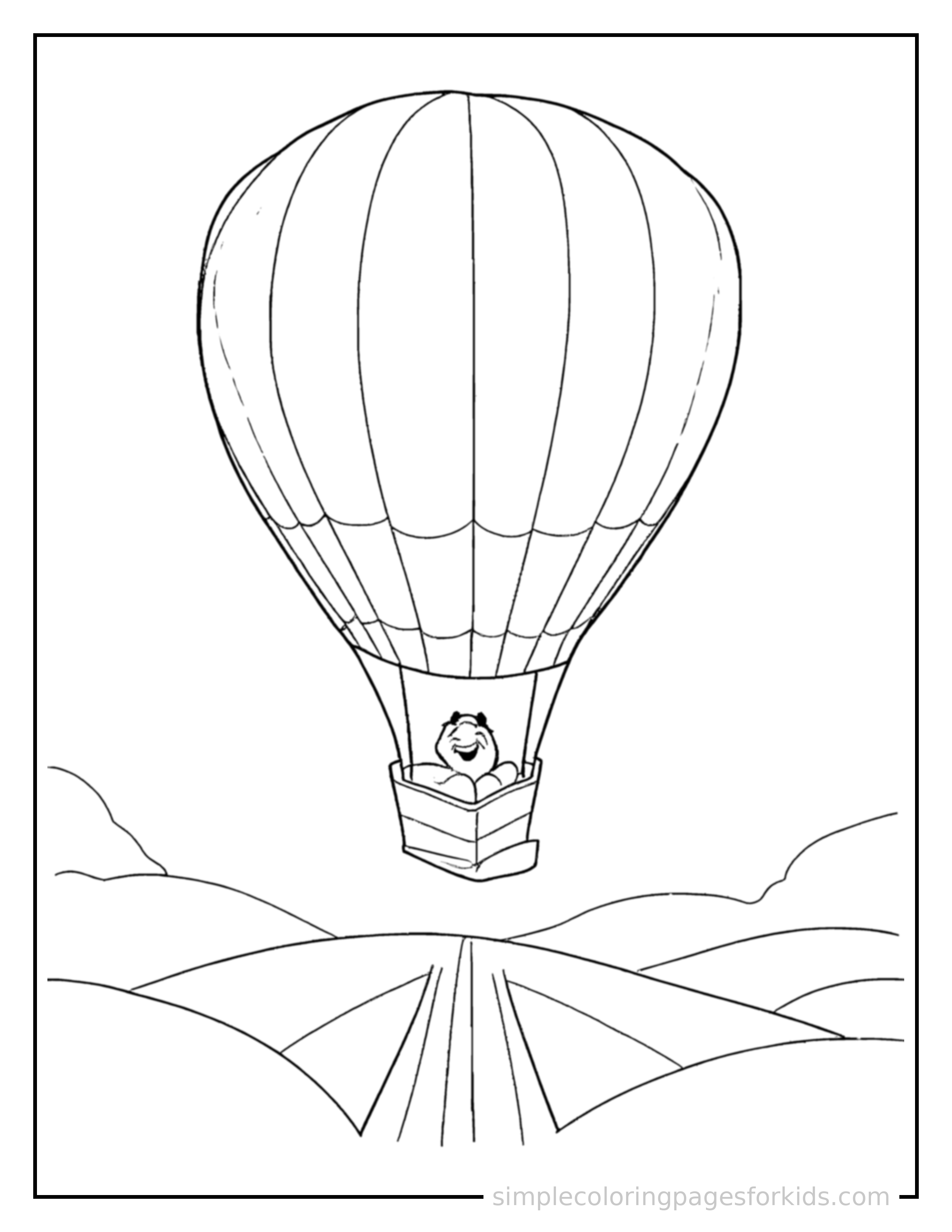 Free printable hot air balloon coloring page featuring a cute hot air balloon bouncing over a small bump in the road, joyful expression, wheels off the ground.