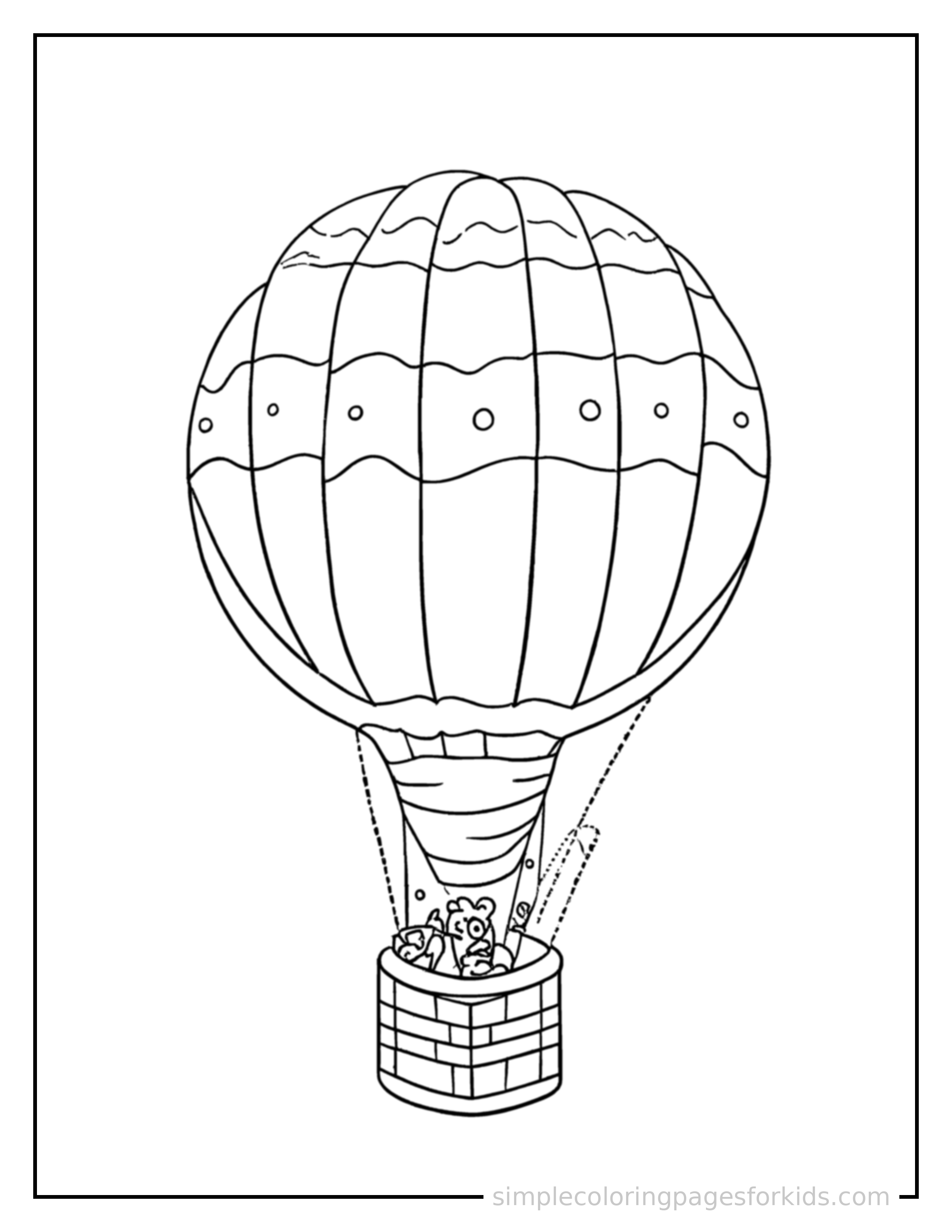 Free printable hot air balloon coloring page featuring a cute hot air balloon loaded up with fun cargo, proud big smile, motion lines showing it moving.