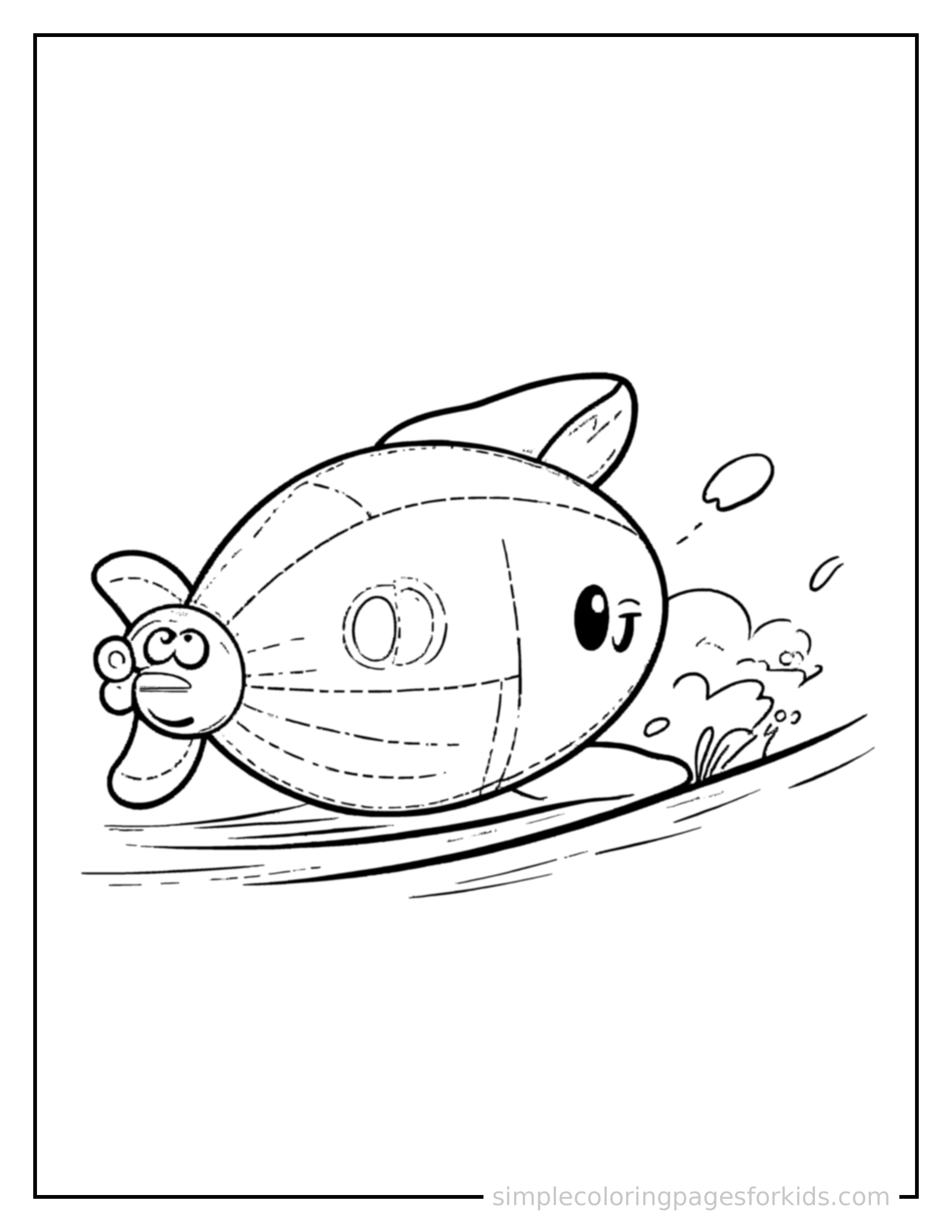 Free printable blimp coloring page featuring a cute blimp driving forward fast with a big cheerful headlight-eyes face, motion lines trailing behind.