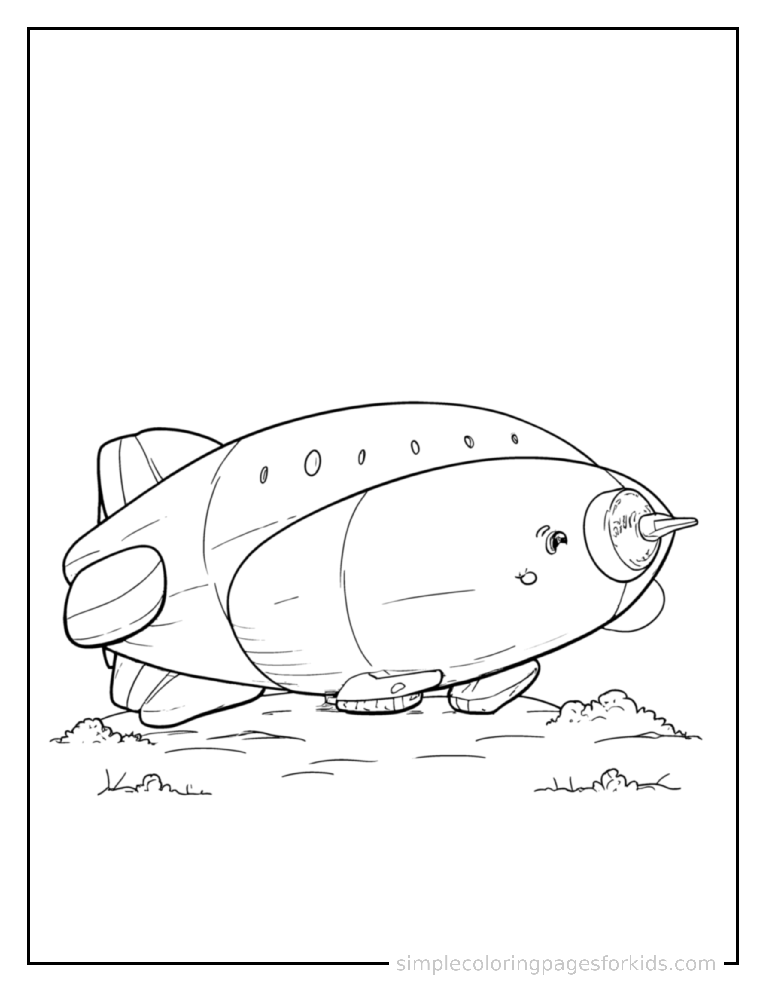 Free printable blimp coloring page featuring a cute blimp parked and resting with a sleepy happy expression, one headlight winking.