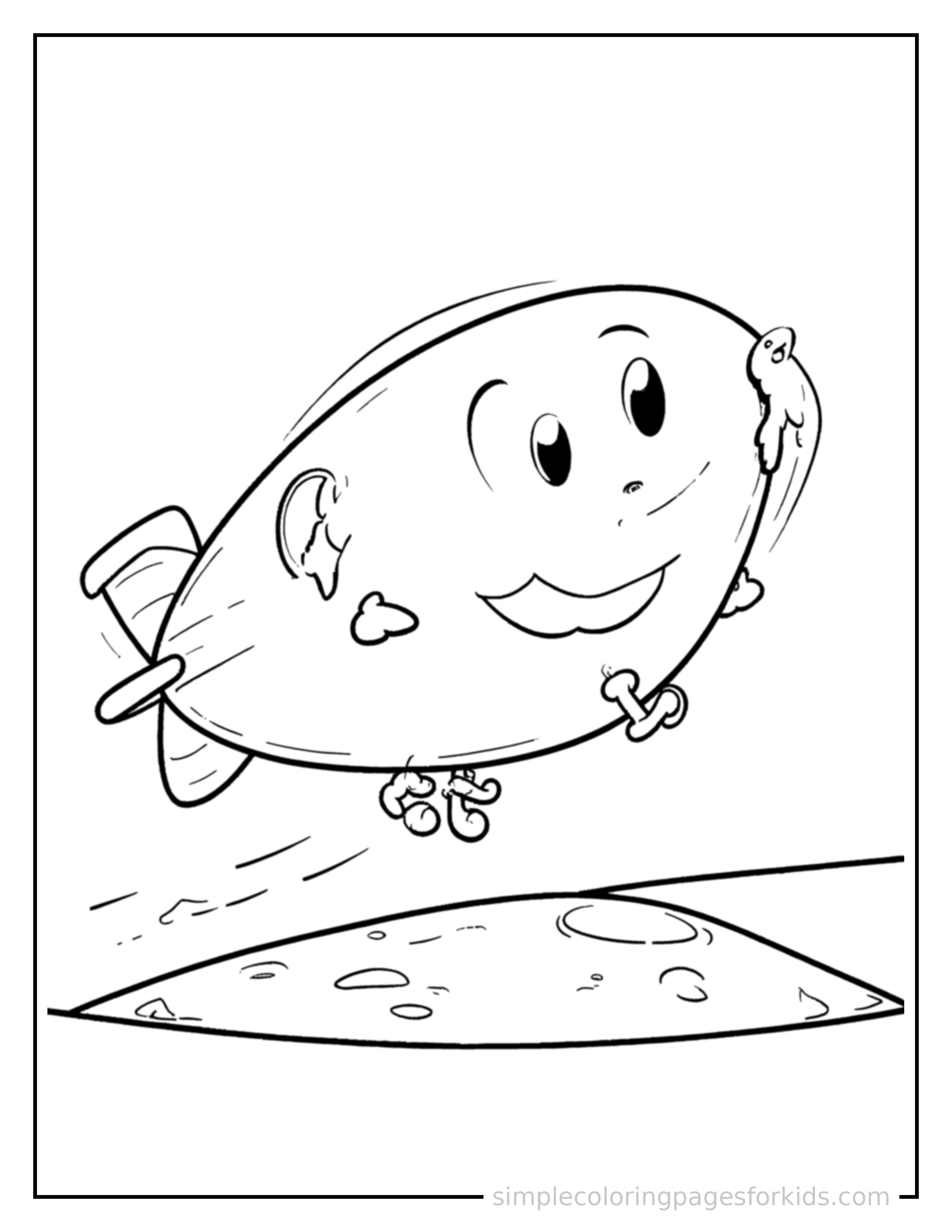 Free printable blimp coloring page featuring a cute blimp bouncing over a small bump in the road, joyful expression, wheels off the ground.