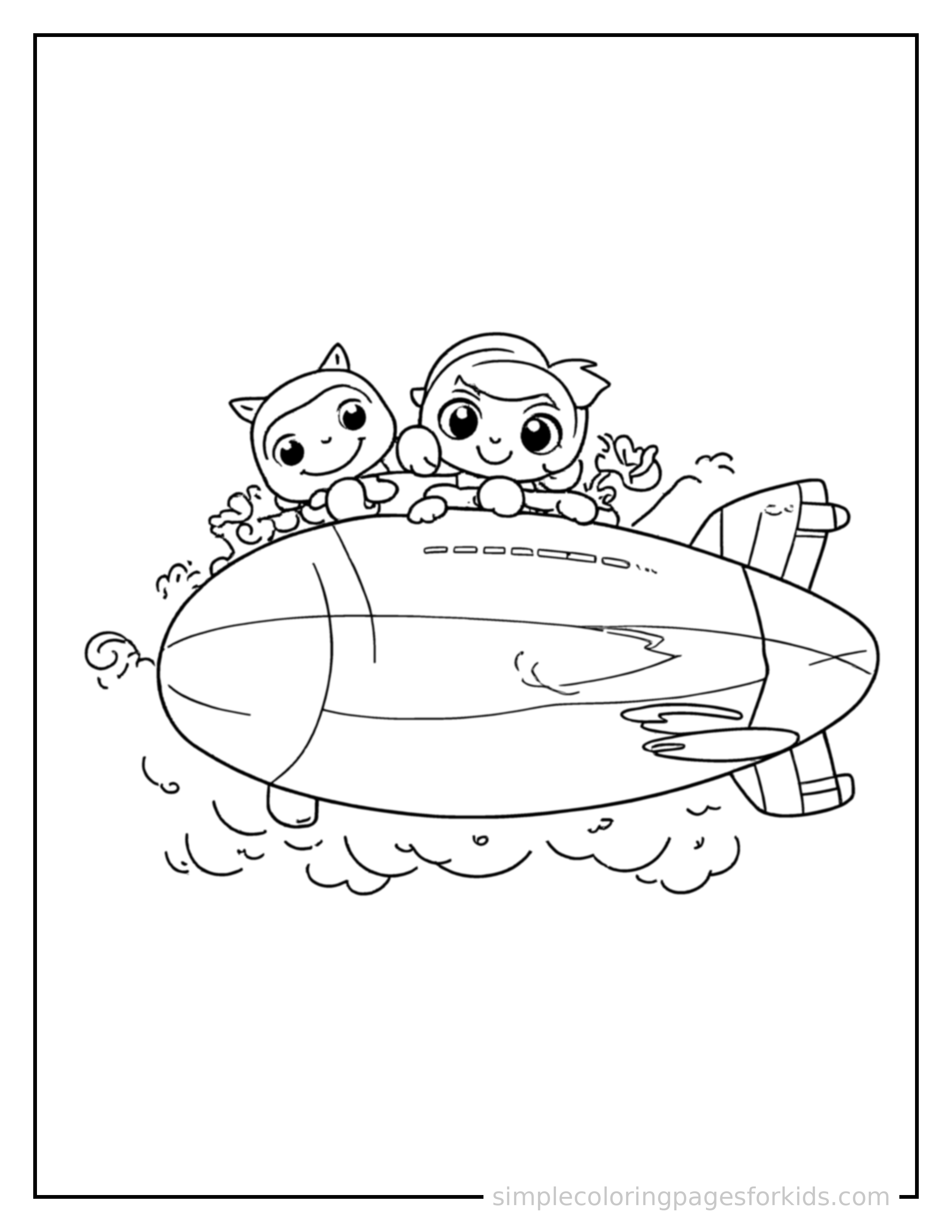 Free printable blimp coloring page featuring a cute blimp loaded up with fun cargo, proud big smile, motion lines showing it moving.
