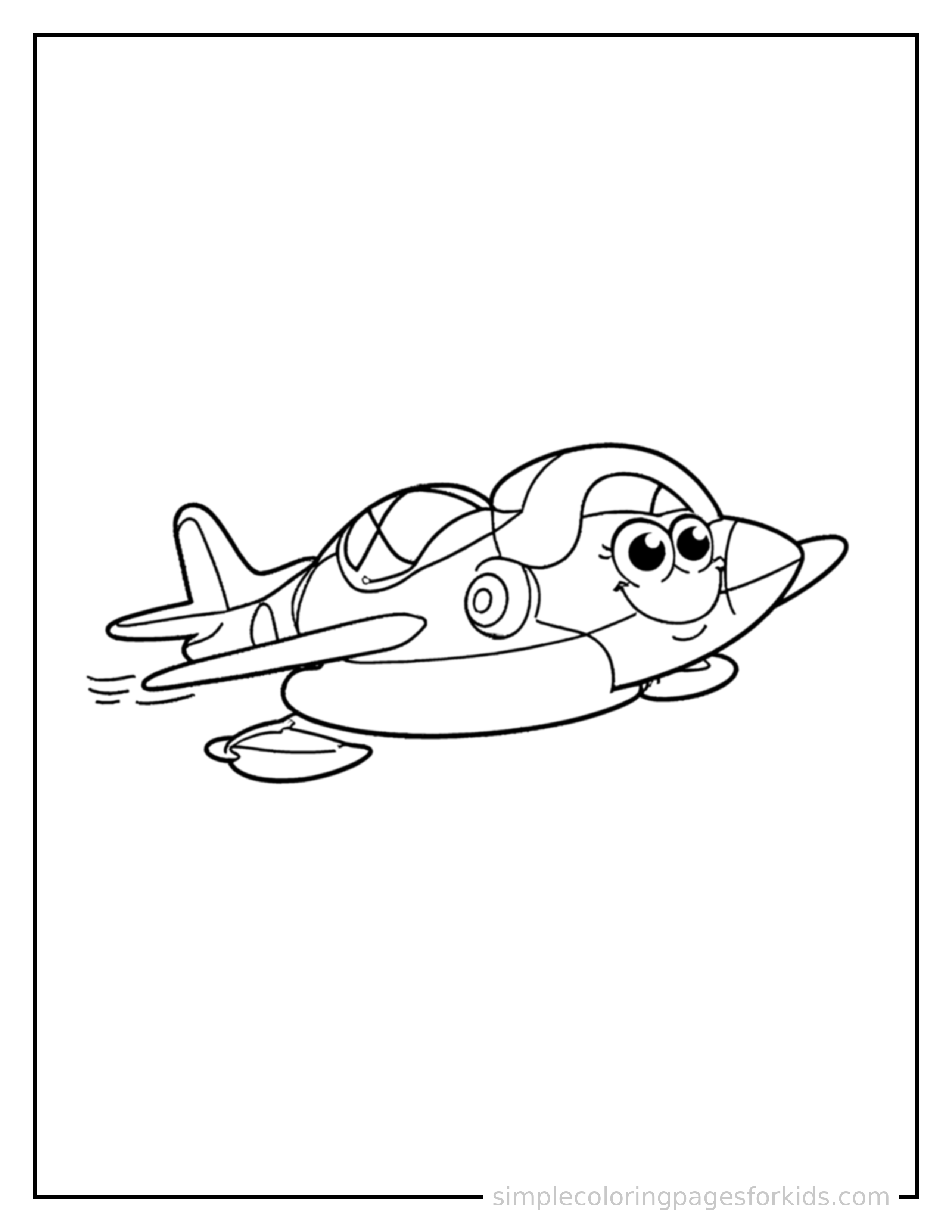 Free printable jet plane coloring page featuring a cute jet plane driving forward fast with a big cheerful headlight-eyes face, motion lines trailing behind.