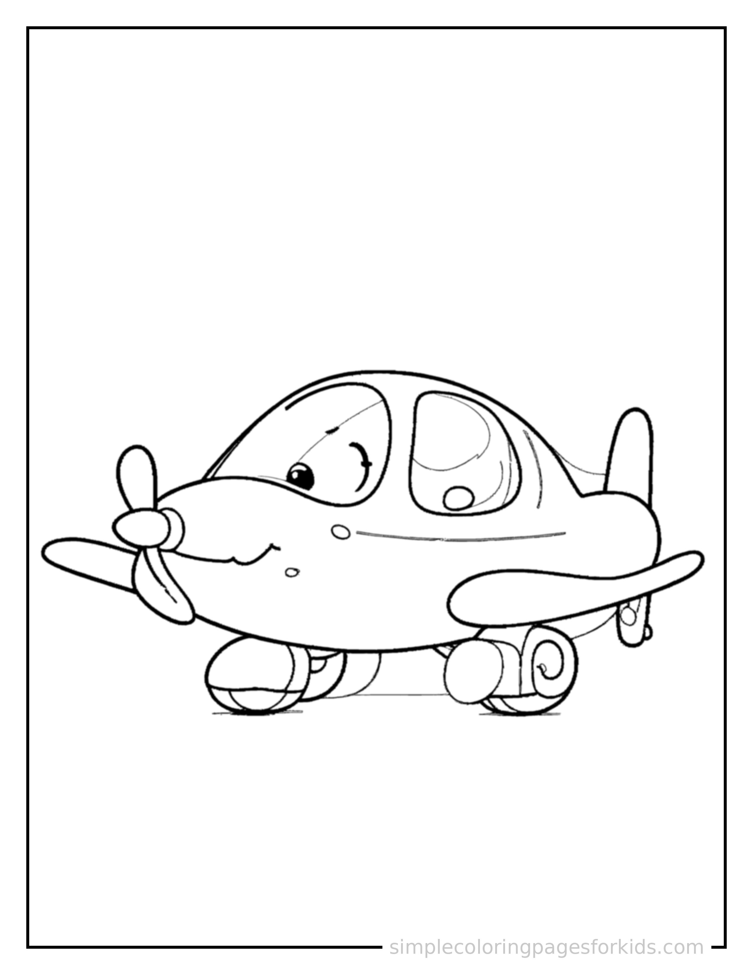 Free printable jet plane coloring page featuring a cute jet plane parked and resting with a sleepy happy expression, one headlight winking.