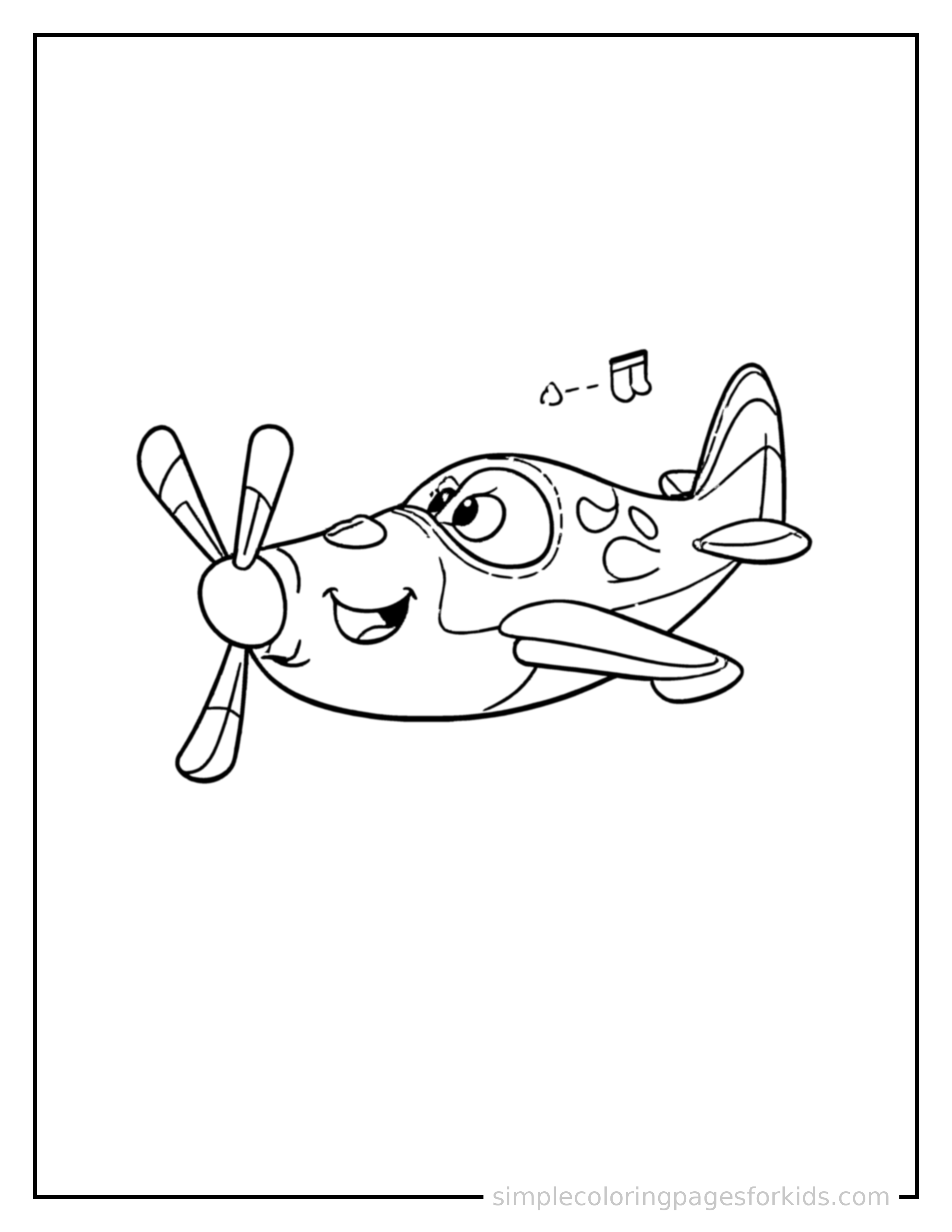 Free printable jet plane coloring page featuring a cute jet plane honking its horn with an excited open-mouth grin, small musical notes nearby.
