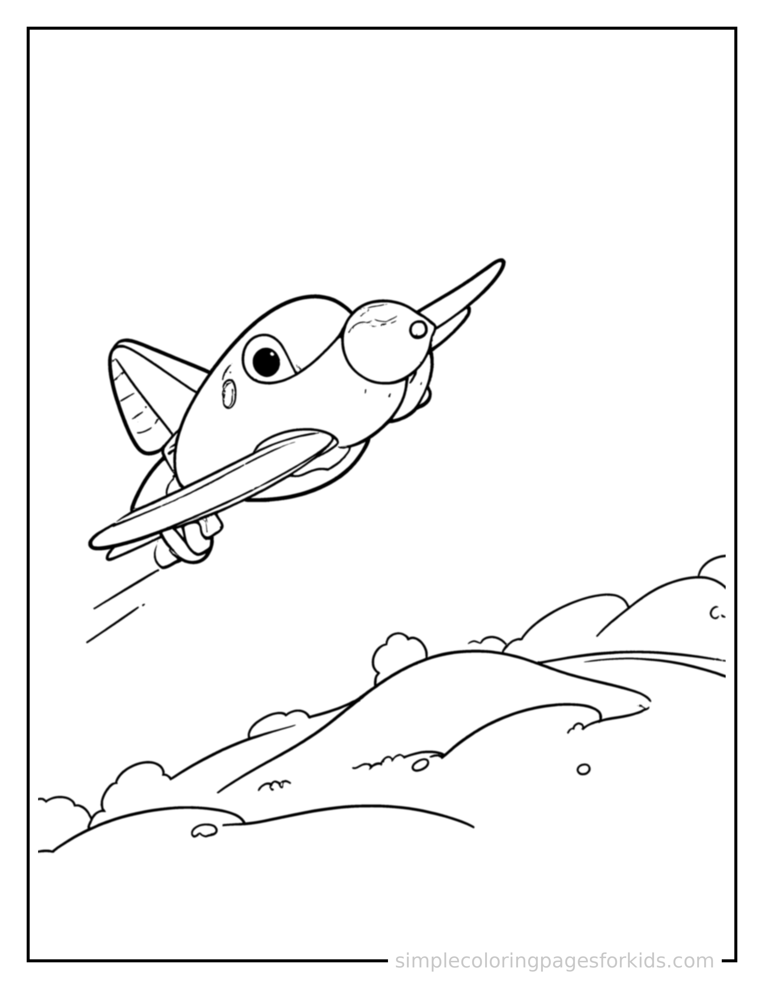 Free printable jet plane coloring page featuring a cute jet plane bouncing over a small bump in the road, joyful expression, wheels off the ground.