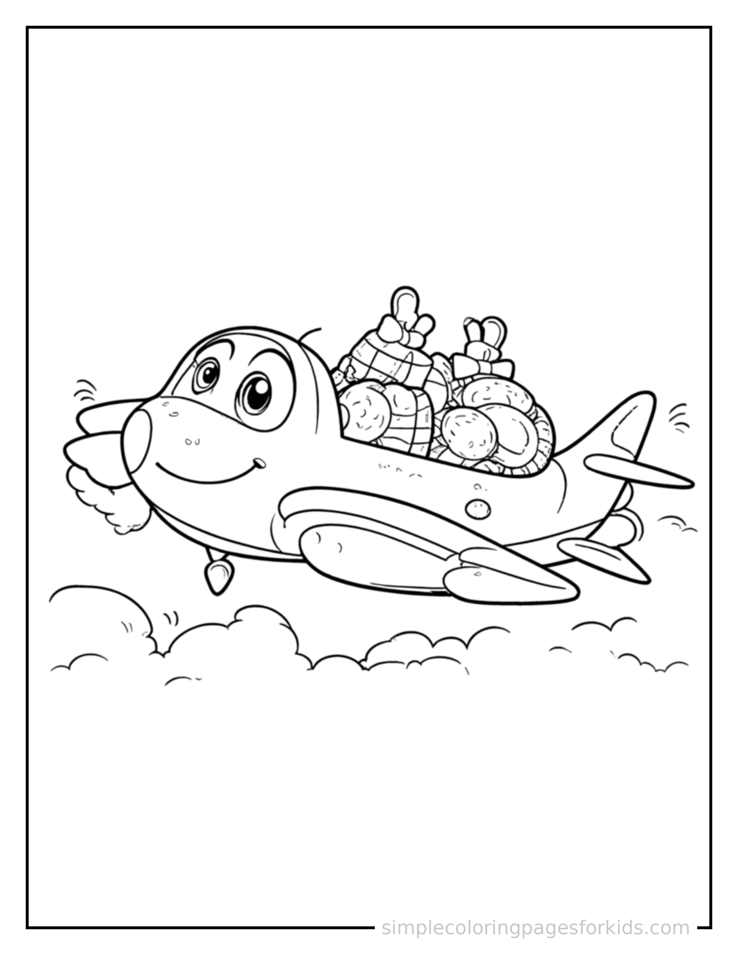 Free printable jet plane coloring page featuring a cute jet plane loaded up with fun cargo, proud big smile, motion lines showing it moving.