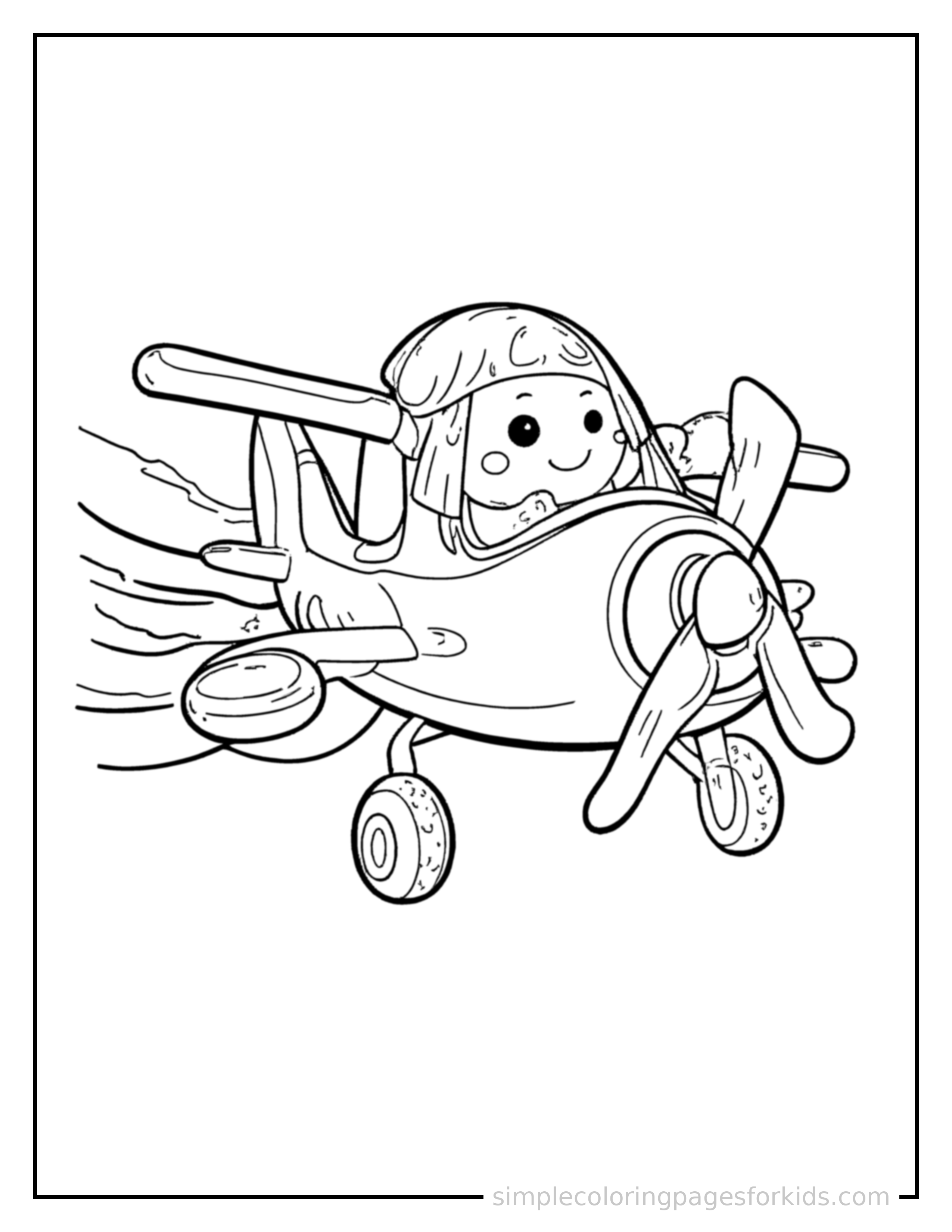 Free printable biplane coloring page featuring a cute biplane driving forward fast with a big cheerful headlight-eyes face, motion lines trailing behind.