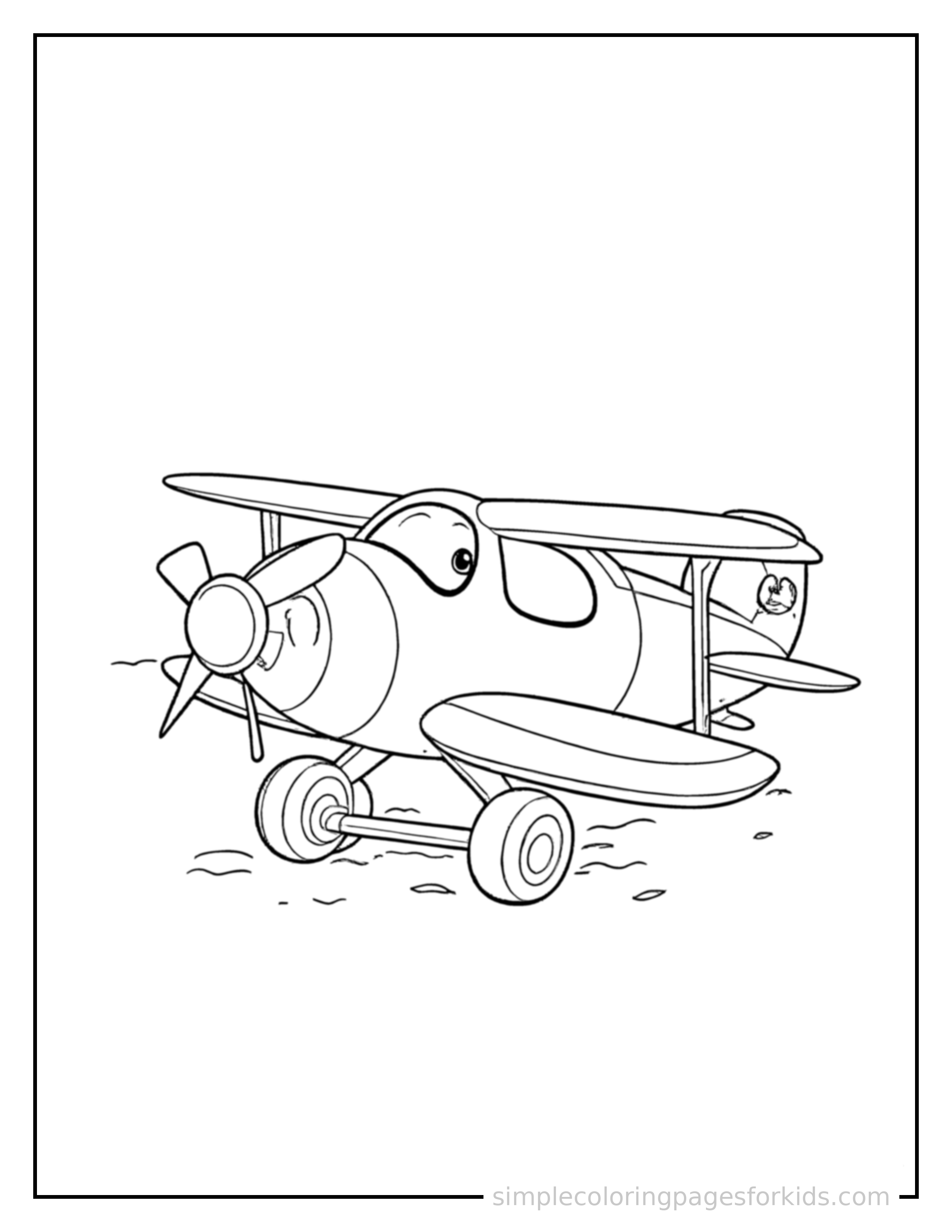 Free printable biplane coloring page featuring a cute biplane parked and resting with a sleepy happy expression, one headlight winking.