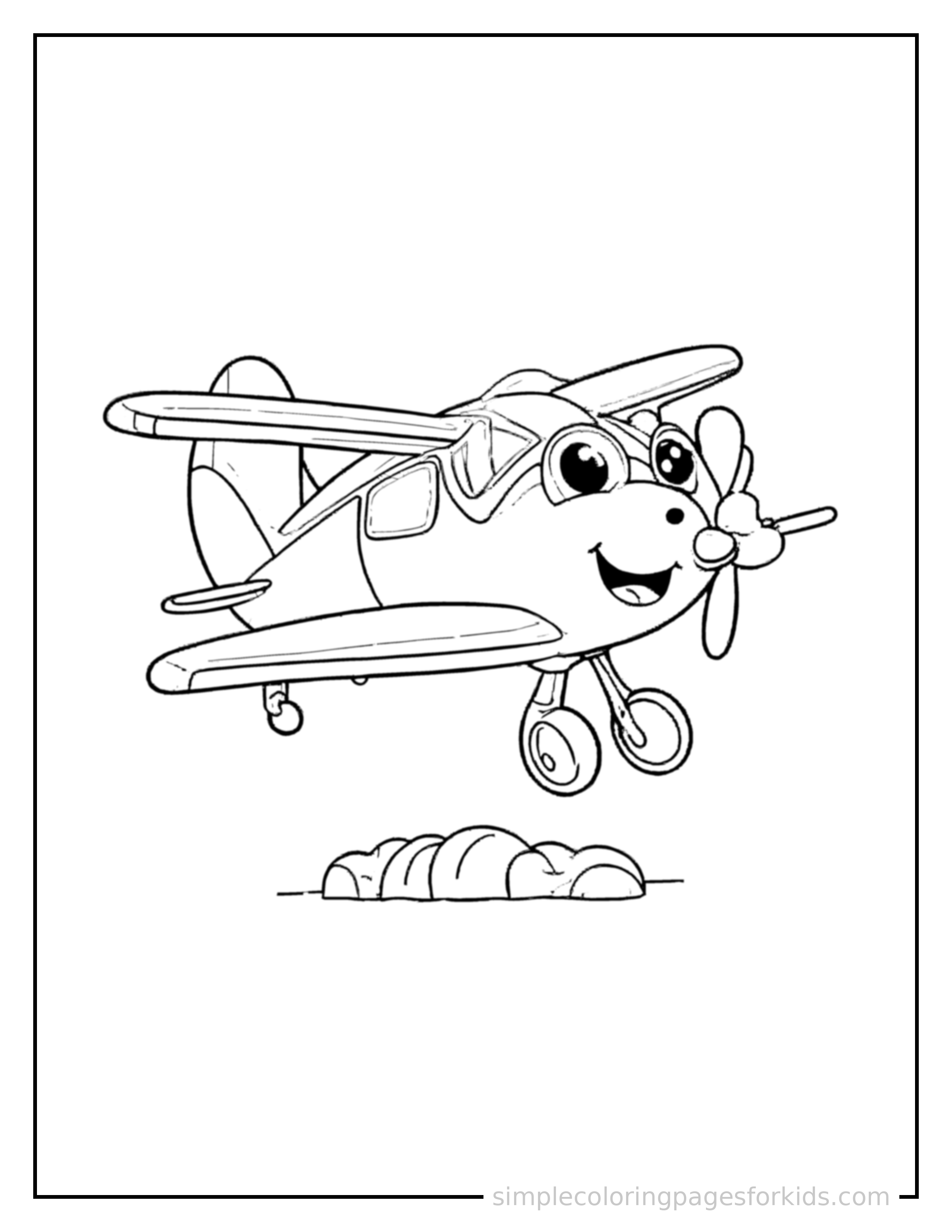 Free printable biplane coloring page featuring a cute biplane bouncing over a small bump in the road, joyful expression, wheels off the ground.